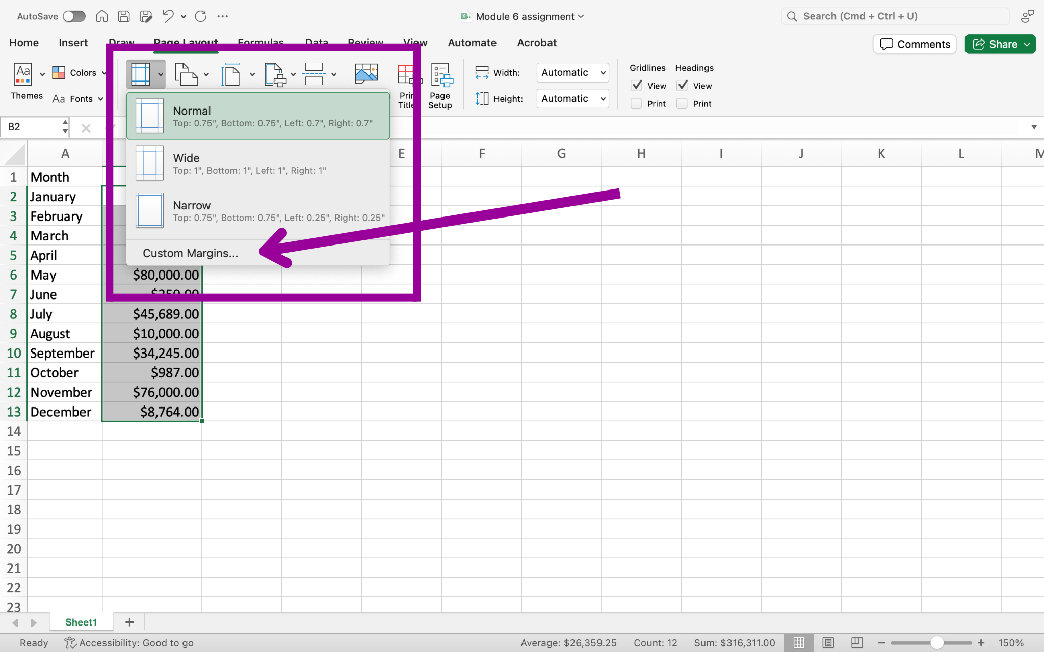 An excel sheet with data entered in columns A and B through row 13. There is a magenta box surrounding the options from the margins dropdown menu. There is a separate magenta arrow pointing at the bottom of the dropdown menu at the option to customize the margins.
