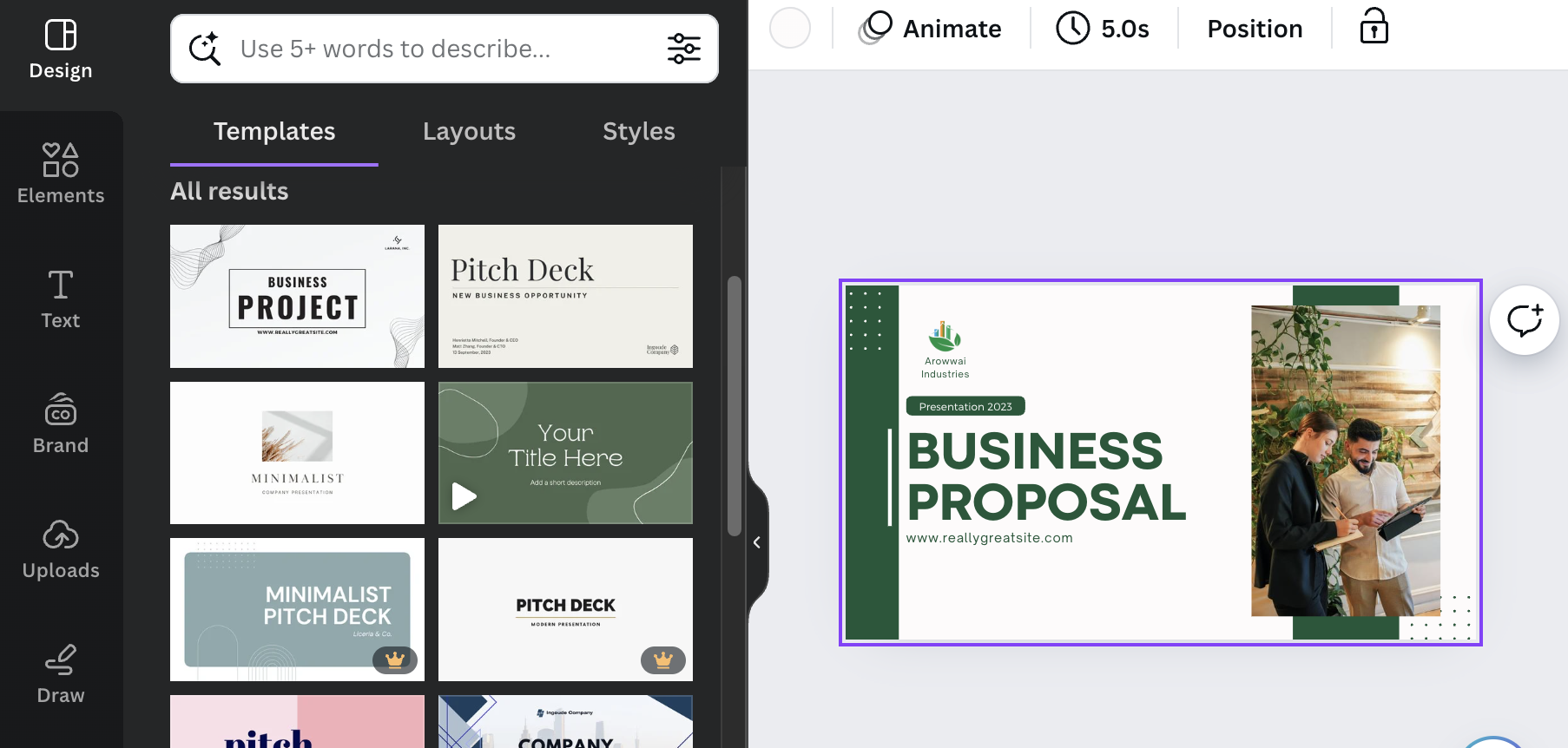 The image shows a Canva interface with a presentation template titled "BUSINESS PROPOSAL." The left side of the screen displays various template options under the "Templates" tab, with previews of different presentation styles such as "Pitch Deck," "Minimalist Pitch Deck," and "Company Profile Presentation."