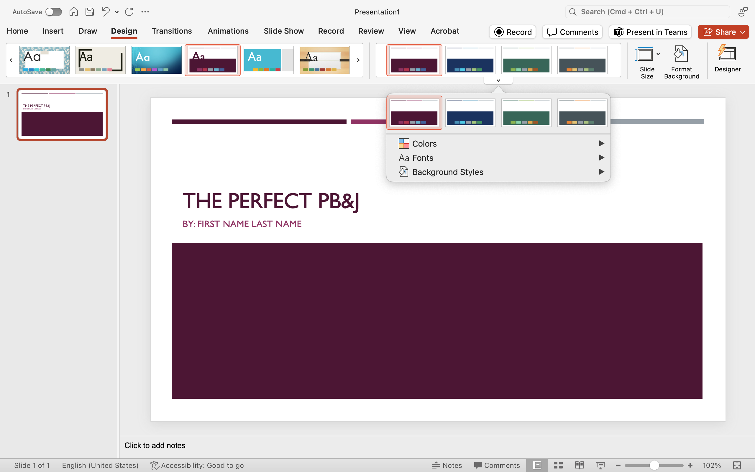The image shows the design tab in PowerPoint with the title slide of the presentation. The slide is titled "THE PERFECT PB&J" and has a placeholder for the presenter's name. The design tab is open with various design options displayed for customizing the presentation's appearance.
