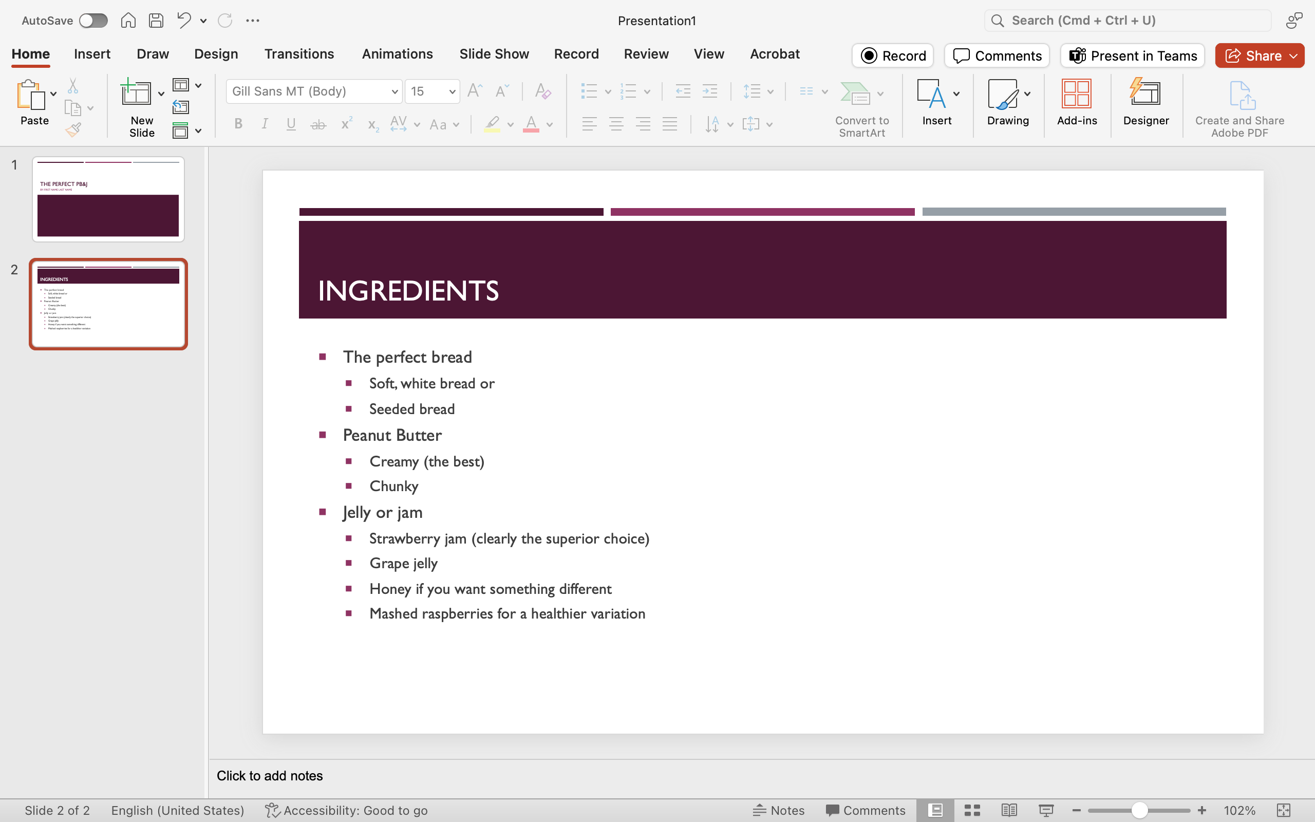 The image shows the same PowerPoint presentation. The slide highlighted is titled "INGREDIENTS" and lists the necessary components for making a peanut butter and jelly sandwich. It includes types of bread, peanut butter, and jelly or jam, with some variations and preferences noted.