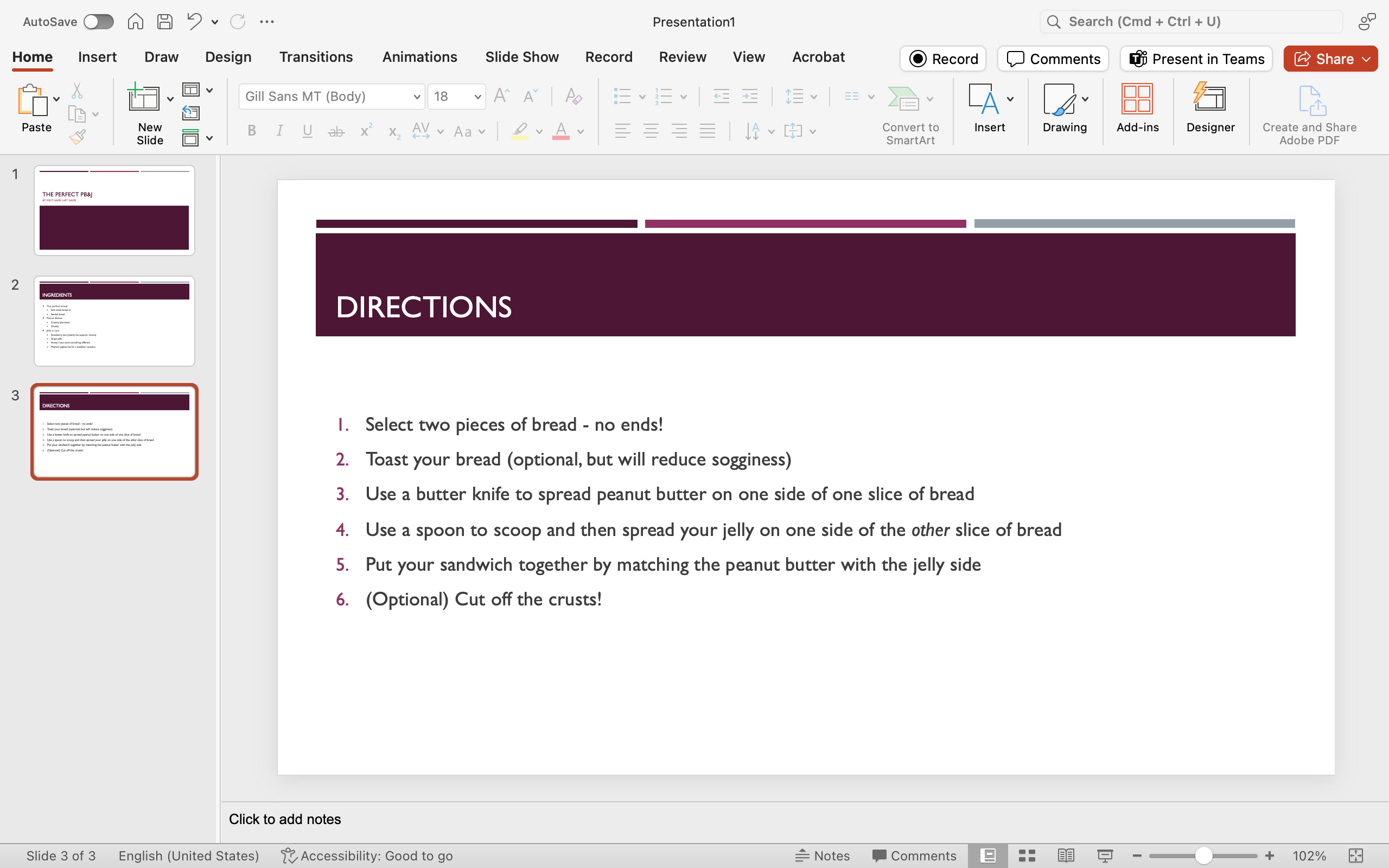 The image shows a PowerPoint presentation titled "THE PERFECT PB&J." The slide highlighted on the screen is titled "DIRECTIONS" and lists steps for making a peanut butter and jelly sandwich. The slide includes six steps, from selecting bread to the optional step of cutting off the crusts.