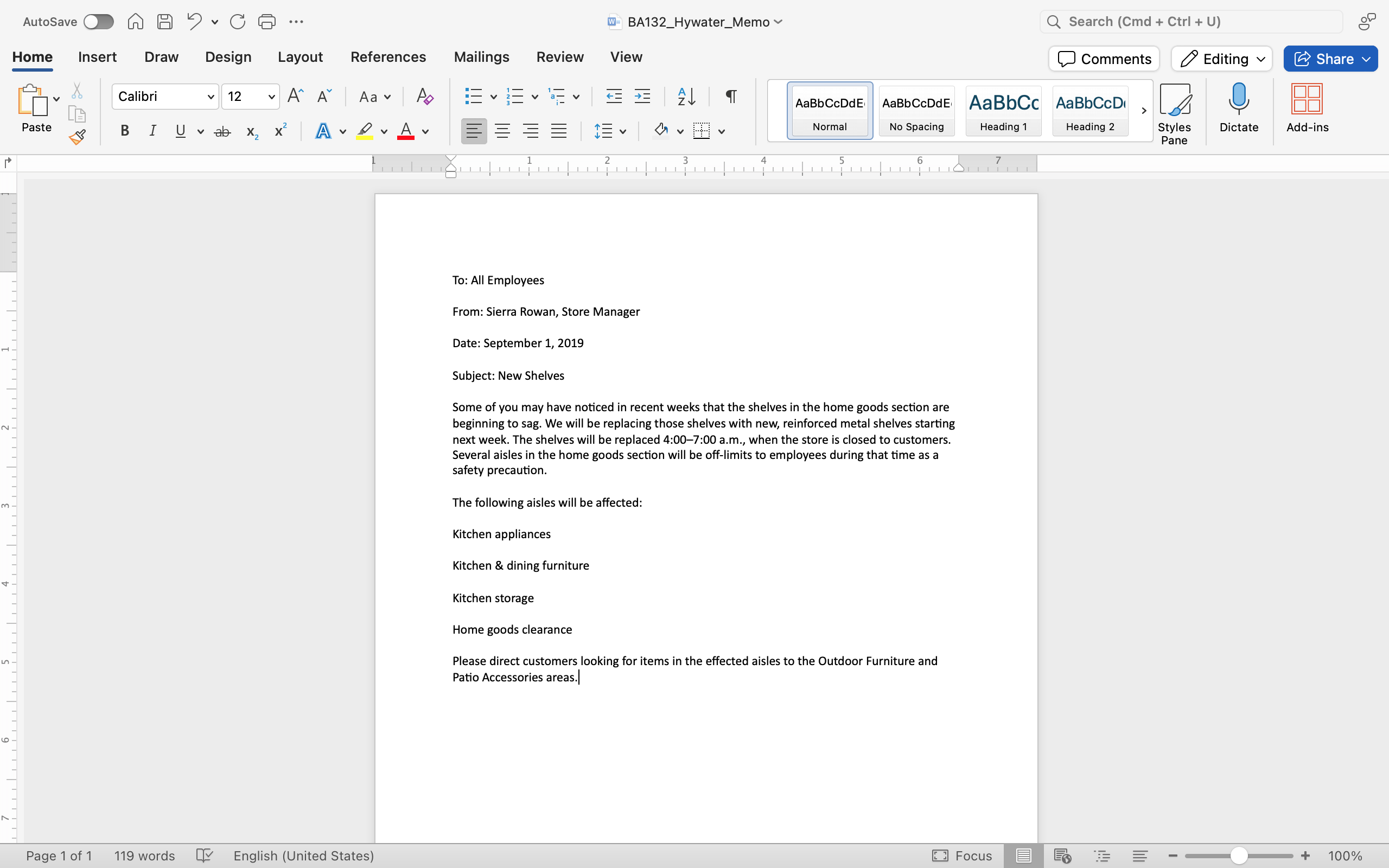 A Microsoft Word document is open with a memo written on it.