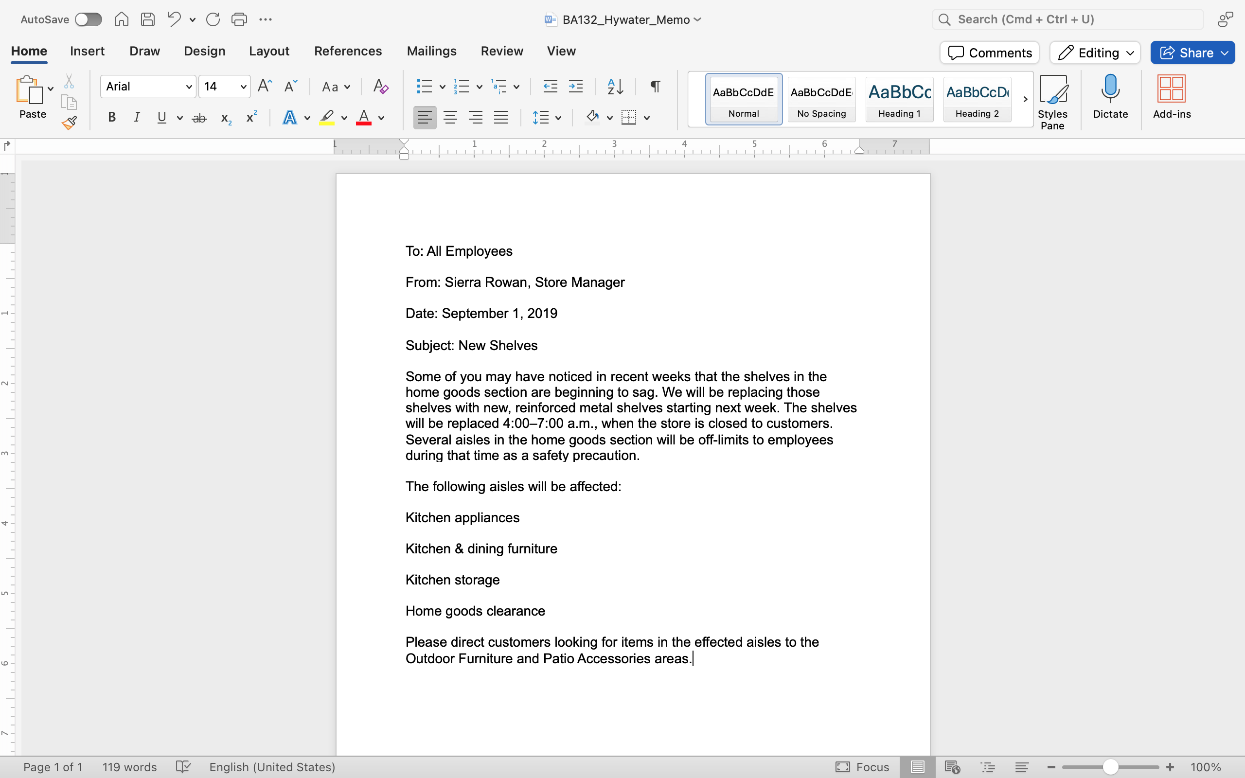 A Microsoft Word document is open with a memo written on it. The font size has been set to 14.