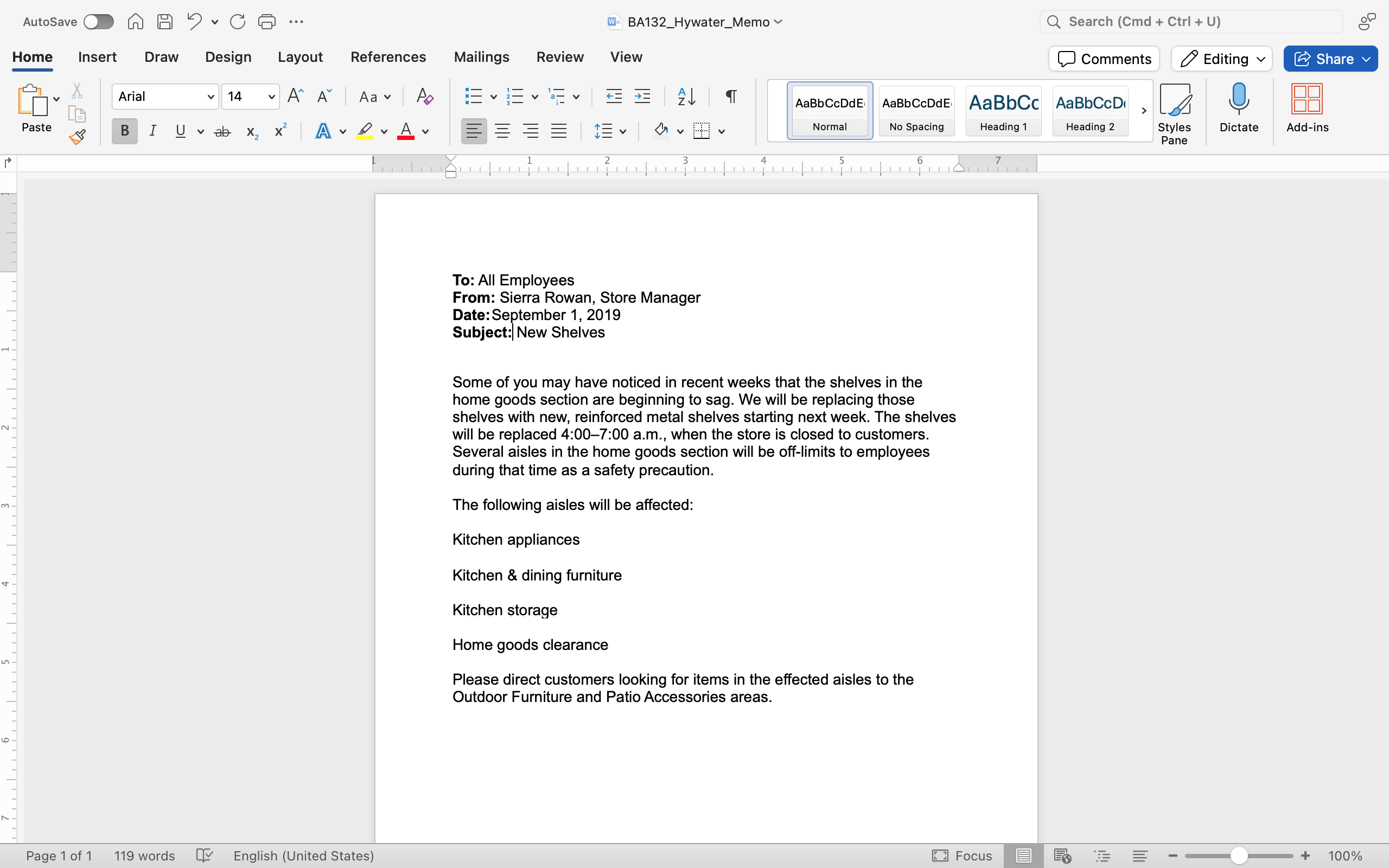 A Microsoft Word document is open with a memo written on it. The words "To:", "From:," "Date:", and "Subject:" has been bolded.