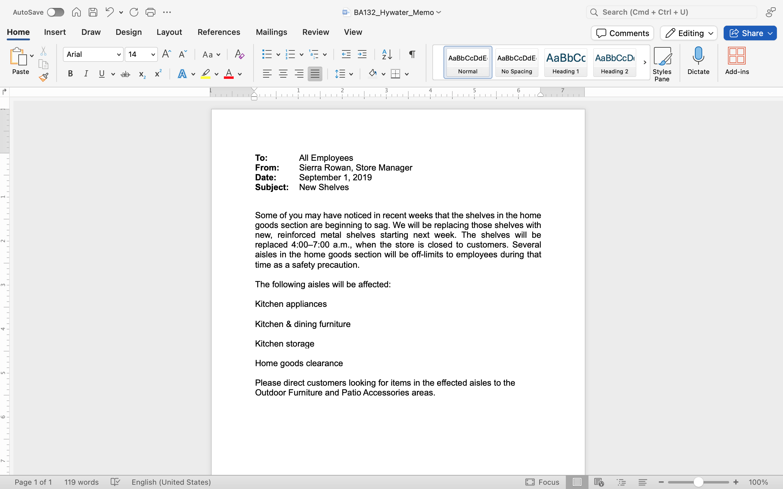 A Microsoft Word document is open with a memo written on it. The memo has been justified.