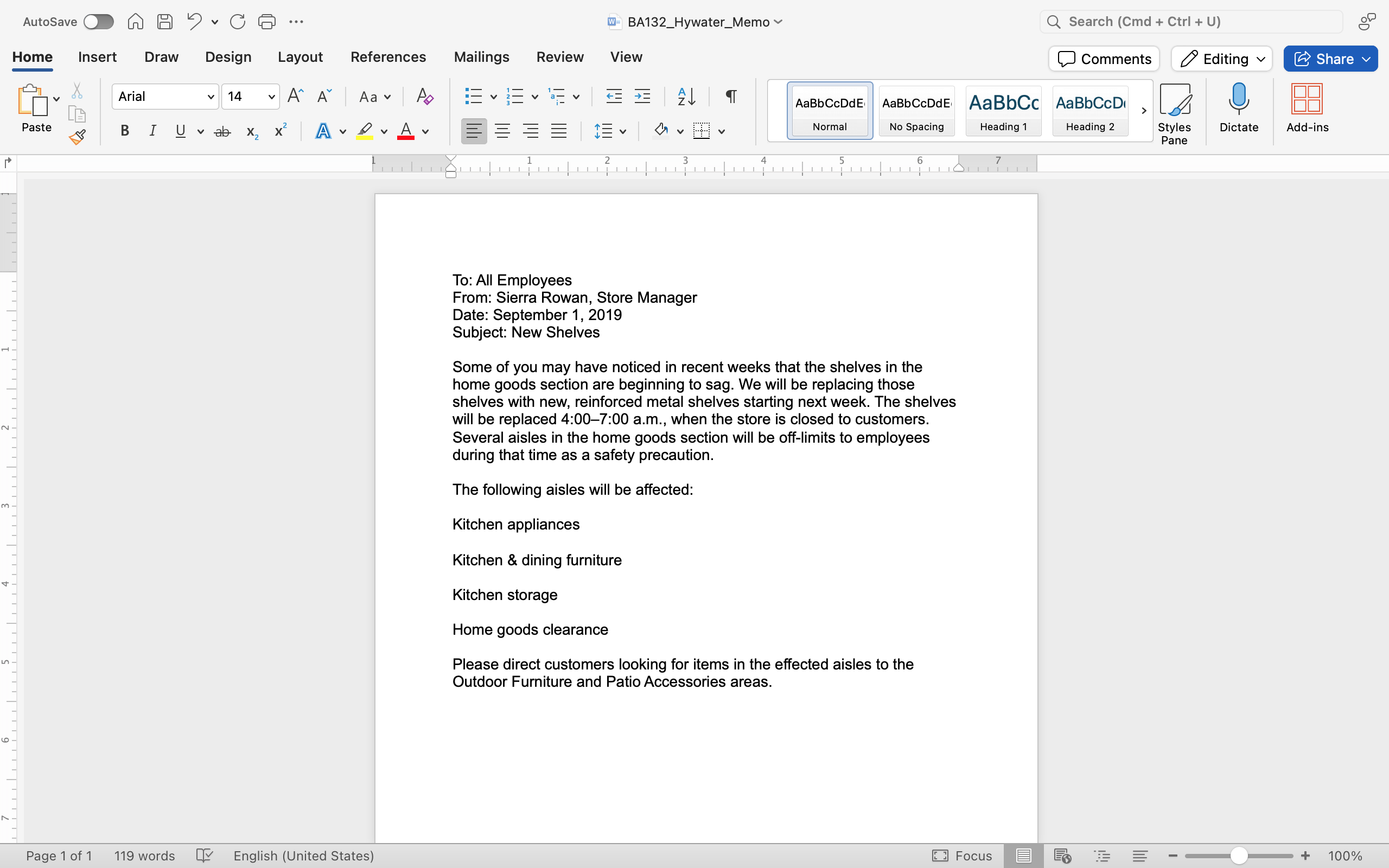 A Microsoft Word document is open with a memo written on it. The first line of the document is selected.