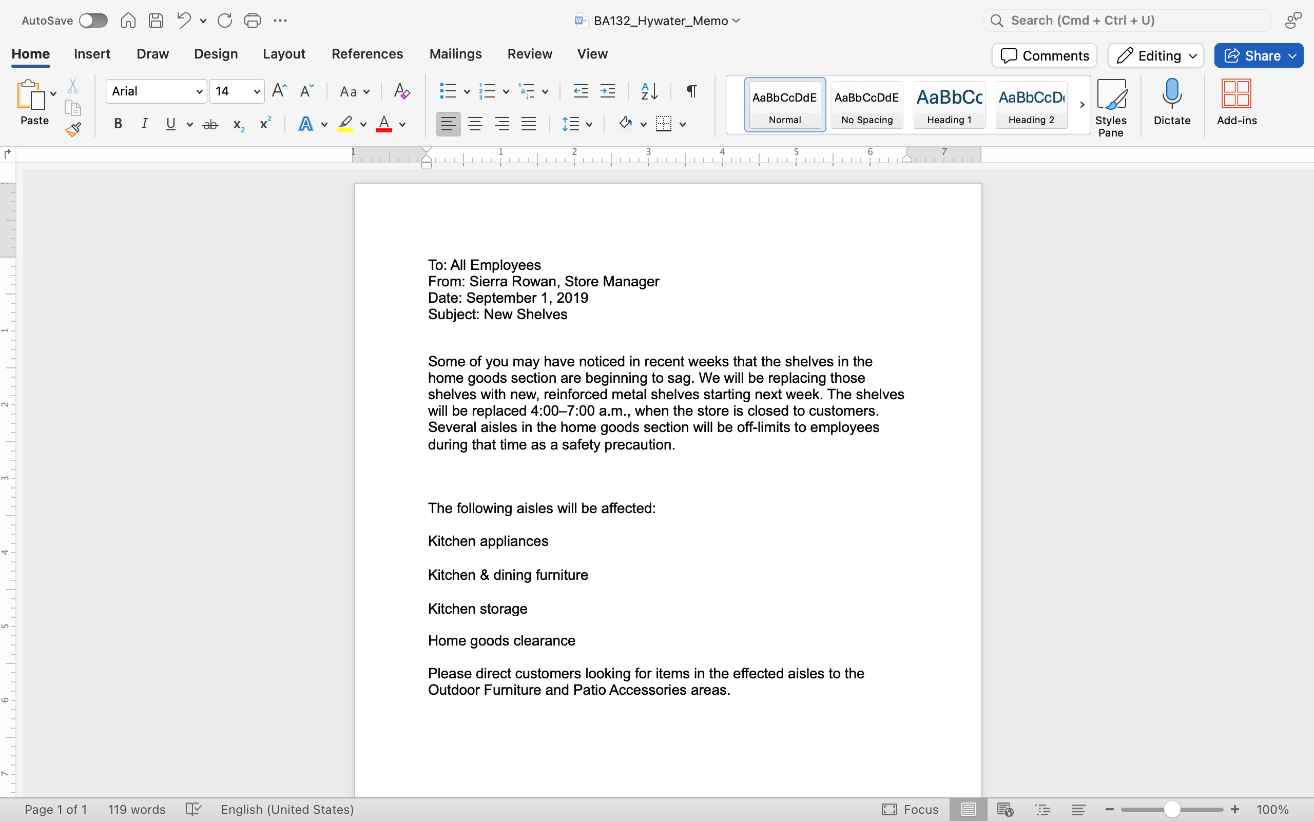 A Microsoft Word document is open with a memo written on it. The subject line has been selected.