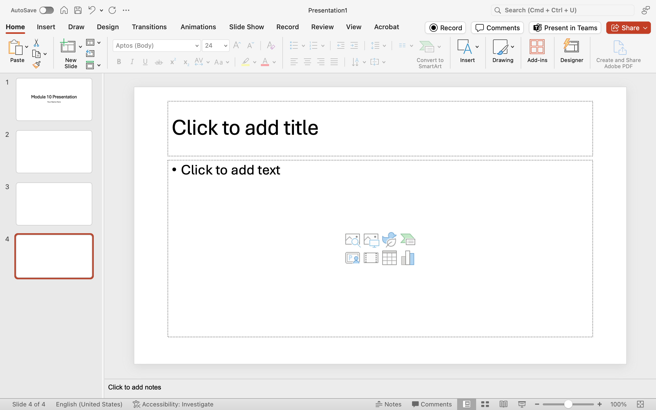 A Microsoft Powerpoint is open with 4 slides displayed.