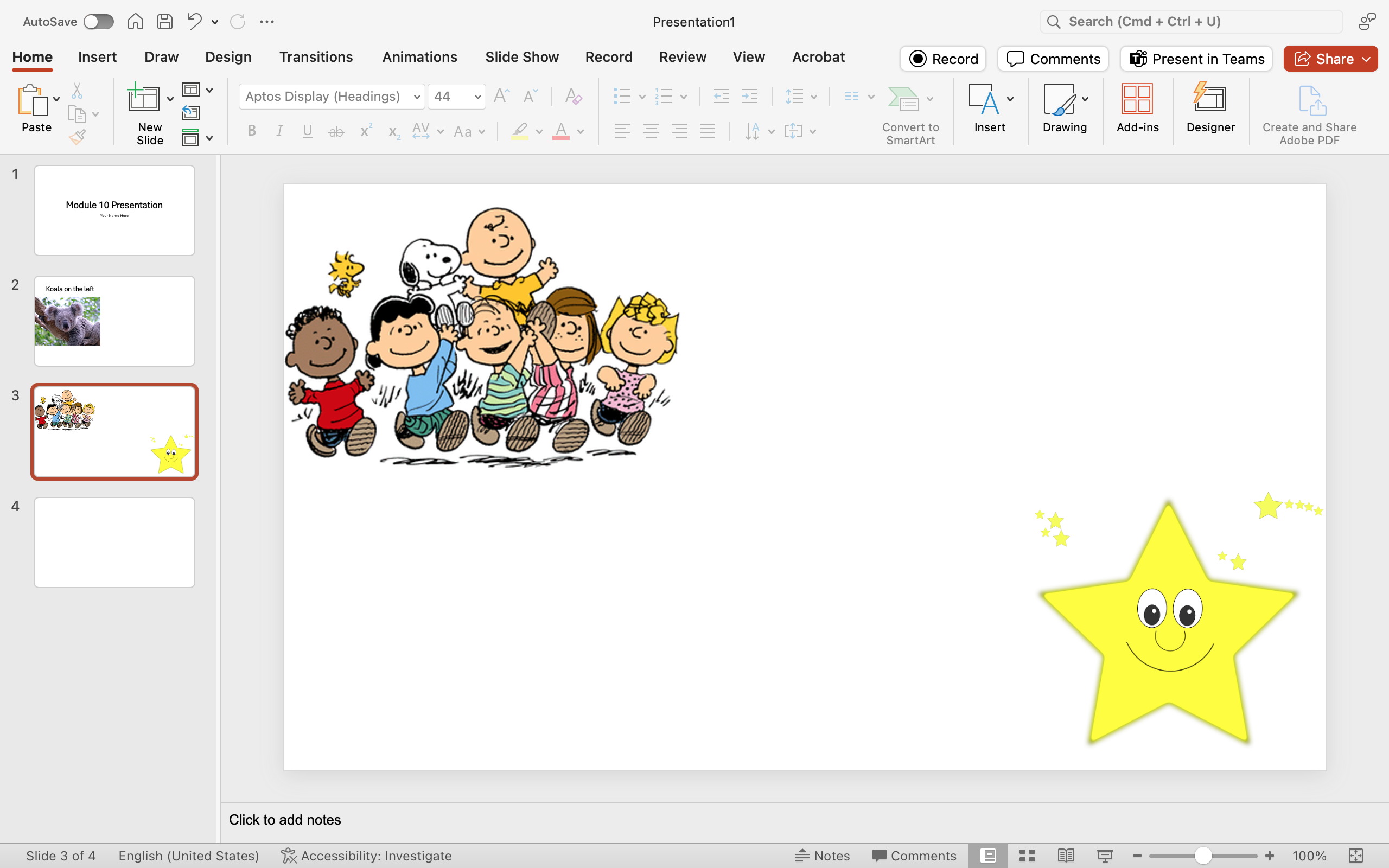 A Microsoft Powerpoint is open with 4 slides displayed. On the third slide two clip art images have been inserted. There is an image of Charlie Brown and friends in the top right of the slide and a smiling yellow star on the bottom right.