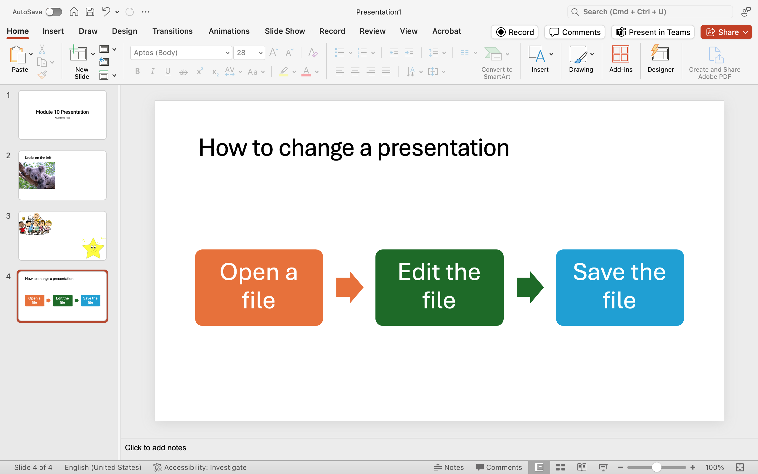 A Microsoft Powerpoint is open with 4 slides displayed. On the third slide two clip art images have been inserted. There is an image of Charlie Brown and friends in the top right of the slide and a smiling yellow star on the bottom right.