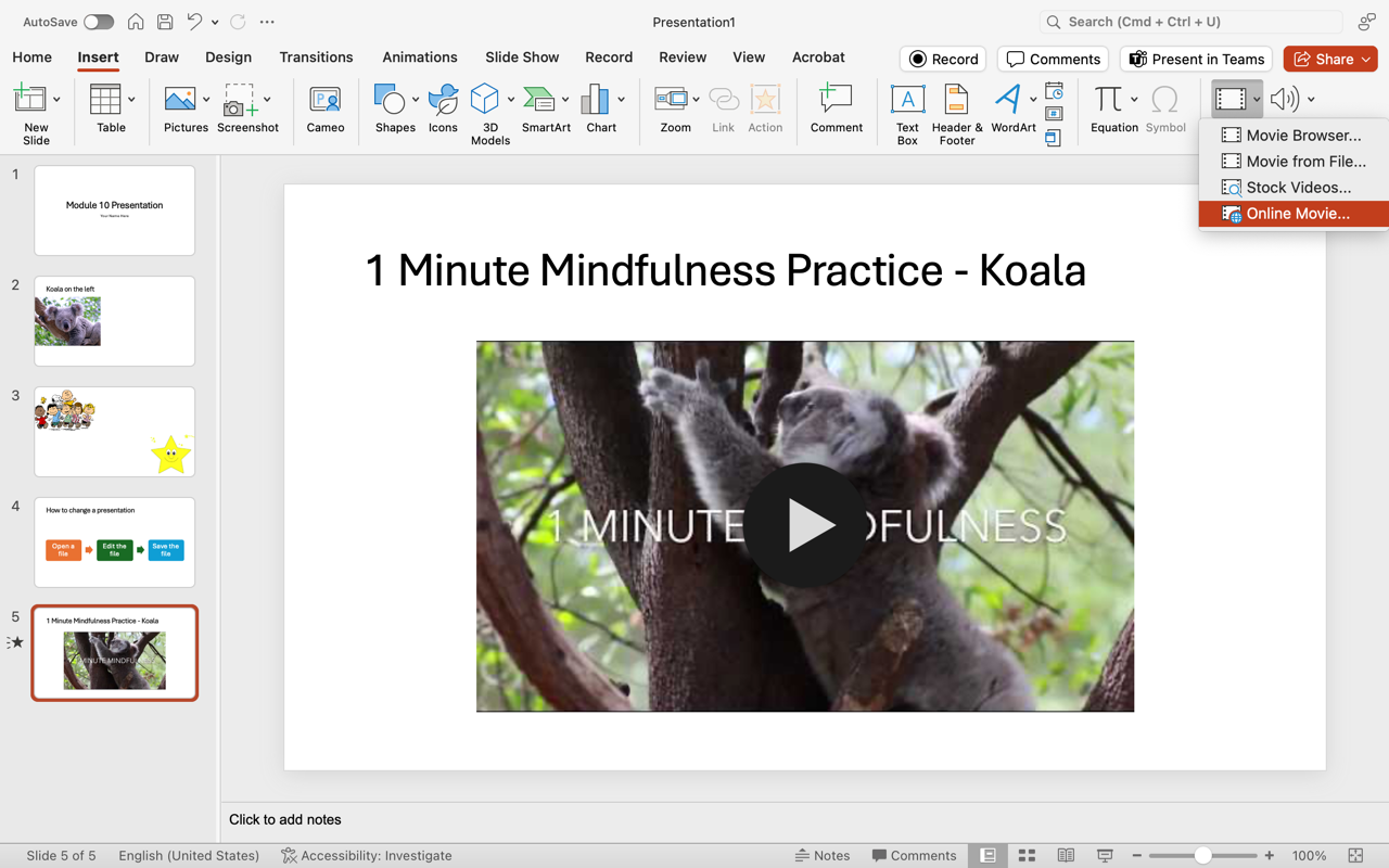 A Microsoft Powerpoint is open with 4 slides displayed. On the fourth slide is a koala video and text saying "1 Minute Mindfulness Practice - Koala"