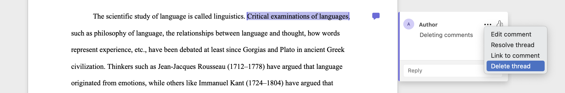 The words “Critical examination of languages” is highlighted and a speech bubble is visible. Three dots in the comment box open to options for Delete thread and Resolve thread (selected).