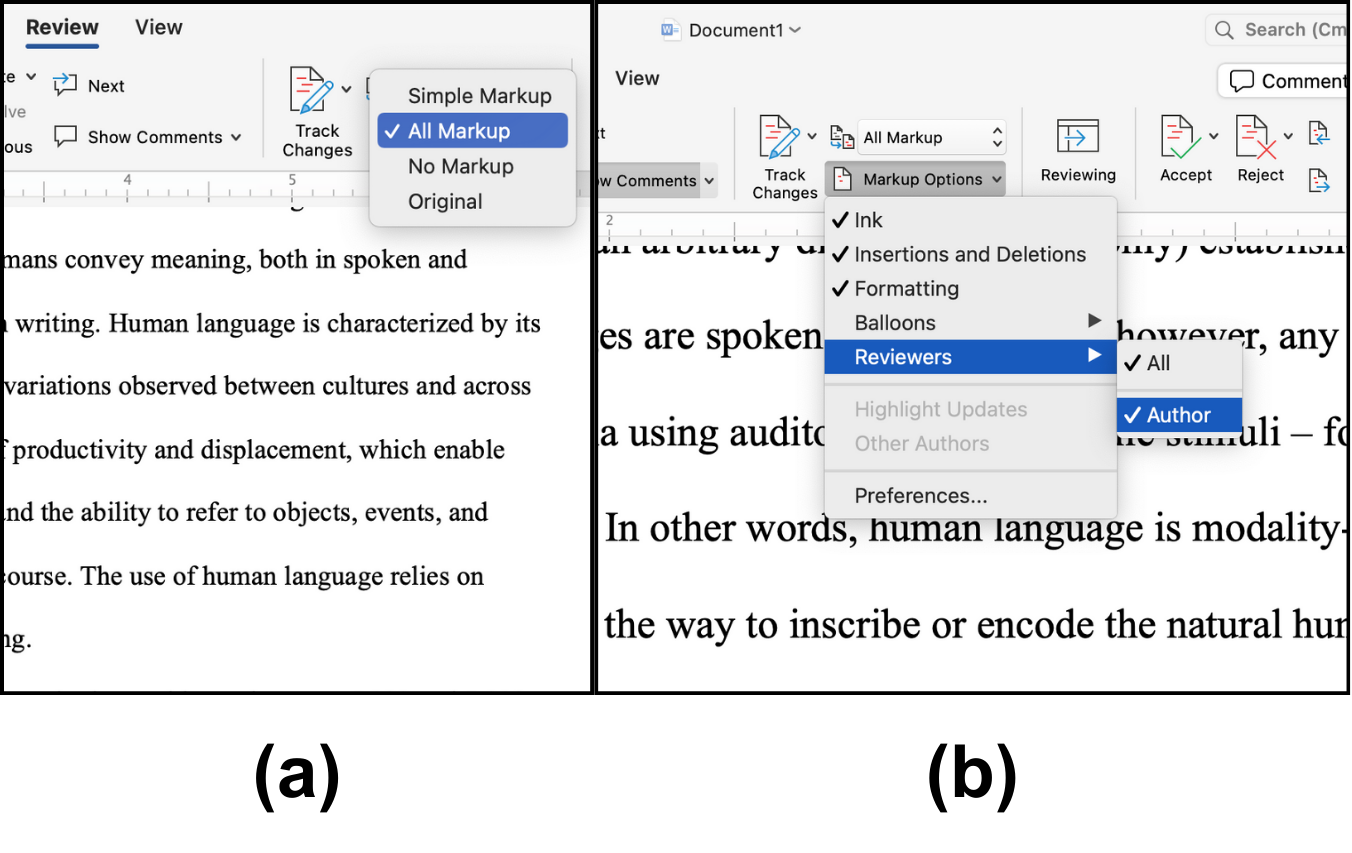 (a) Display for Review option lists All Markup selected from drop-down. (b) Show Markup option lists Specific People selected and opens to selected options for All Reviewers and a list of names.