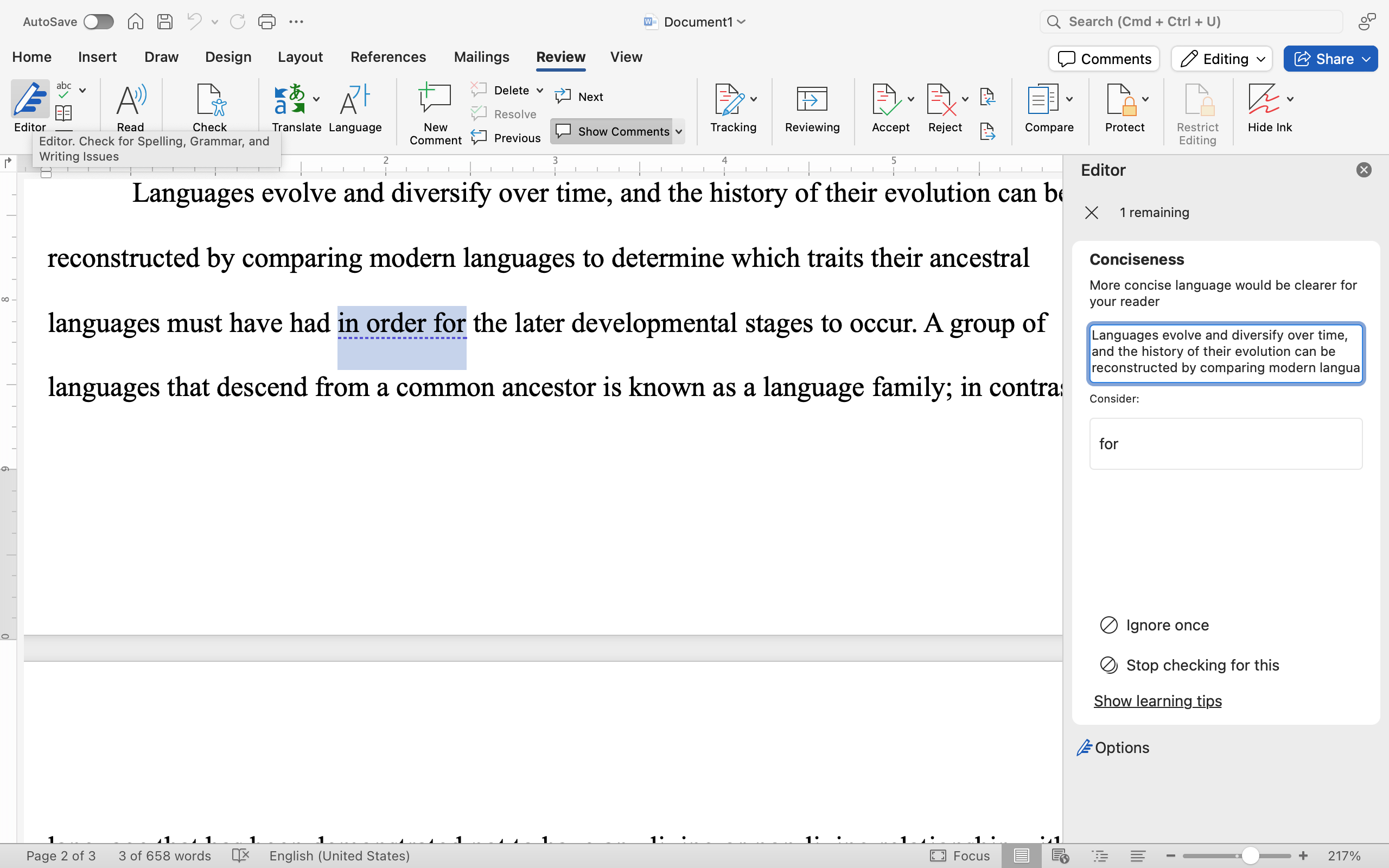 Words “in order for” is highlighted in document. Editor pane opens with Grammer heading Paragraph displays with the word “differences” underlined with blue font. A suggestions heading follows with “differences,” in bold font.
