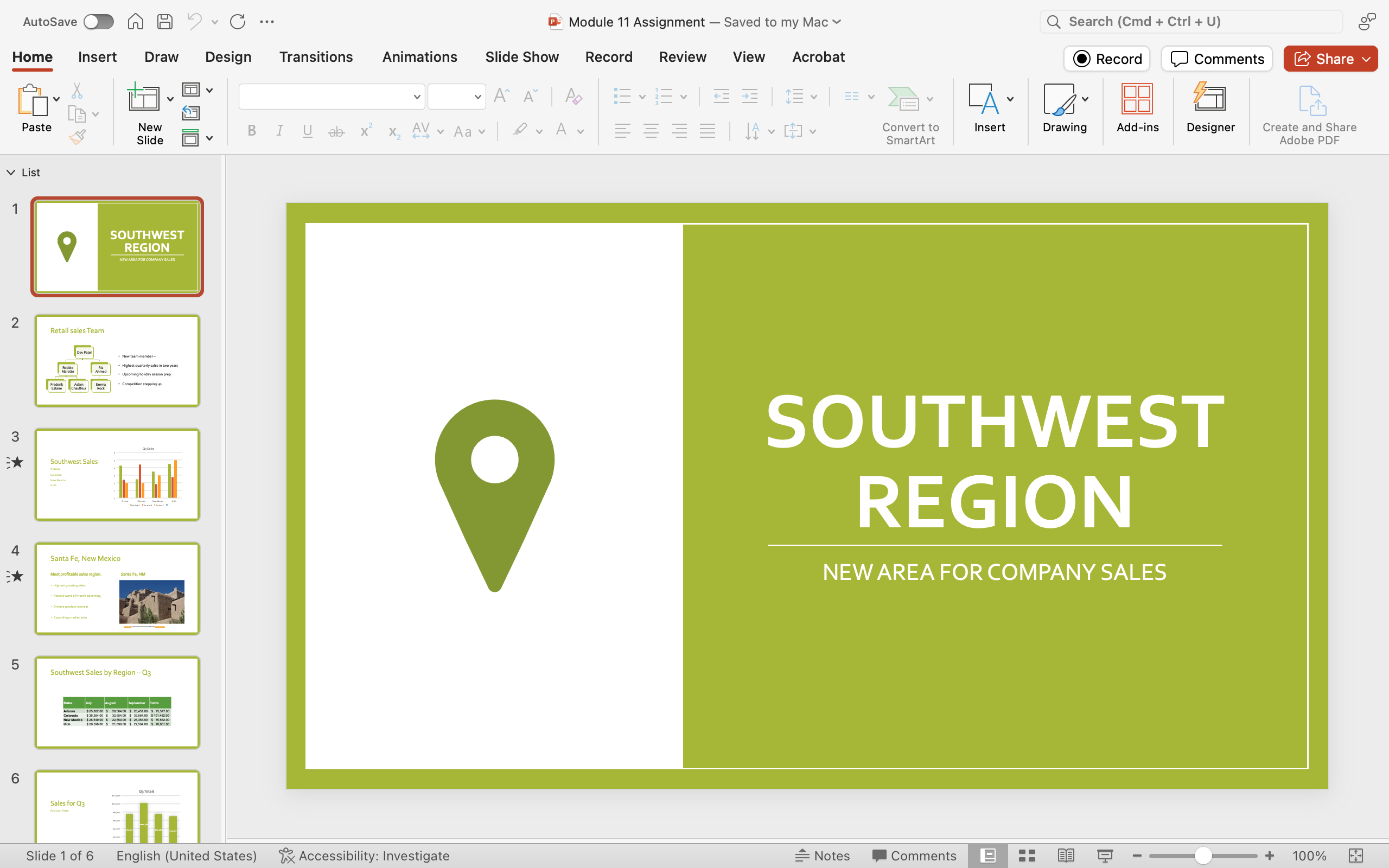 A PowerPoint slide deck with 6 slides. The first slide is a title slide with the words "Southwest Region: New Area for Company Sales"