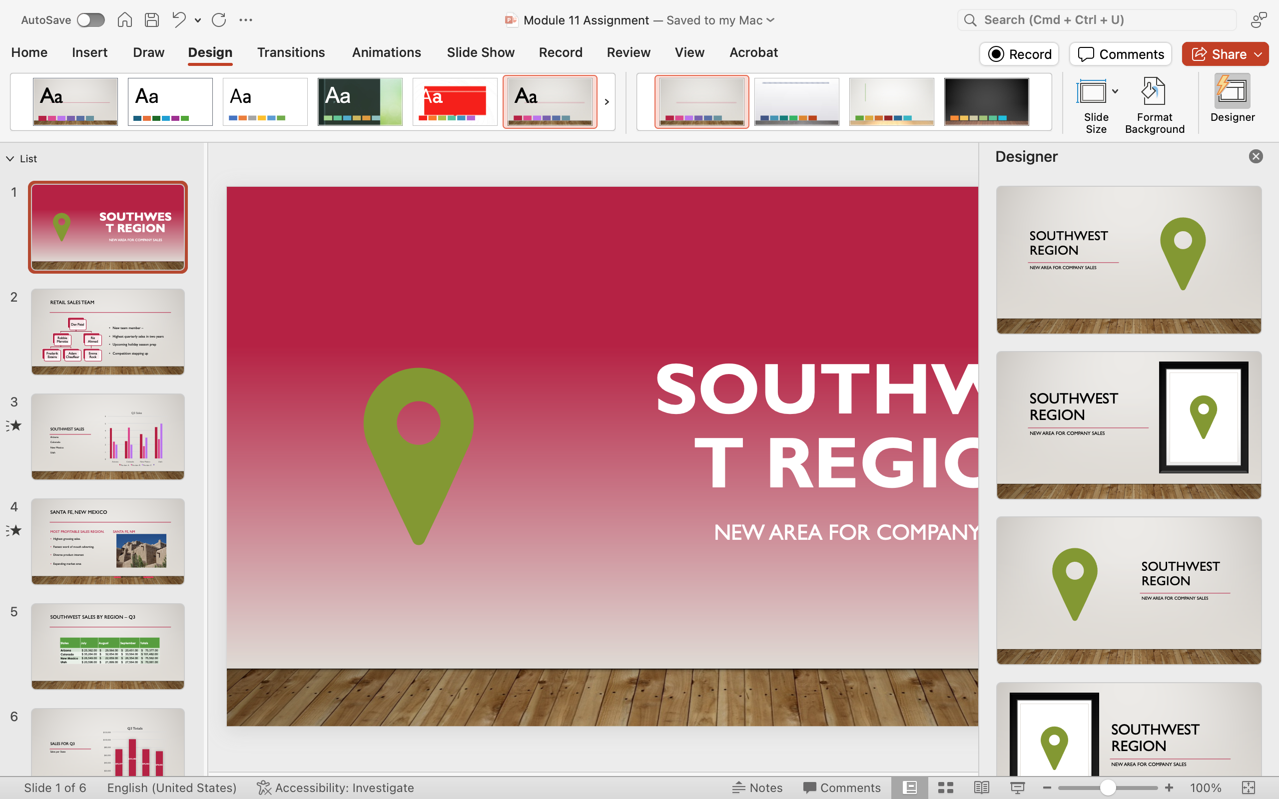 The same title slide with a different theme applied. The background is now red instead of green.
