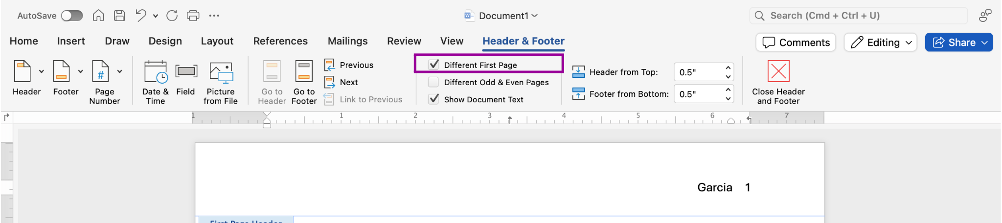 A screenshot of a document editing interface showing the options for headers and footers. The highlighted option is a check box labeled "Different First Page," allowing users to set a unique header and footer for the first page of the document. Other visible options include "Different Odd & Even Pages," and "Show Document Text." The name "Garcia" is displayed in the header area of the document.