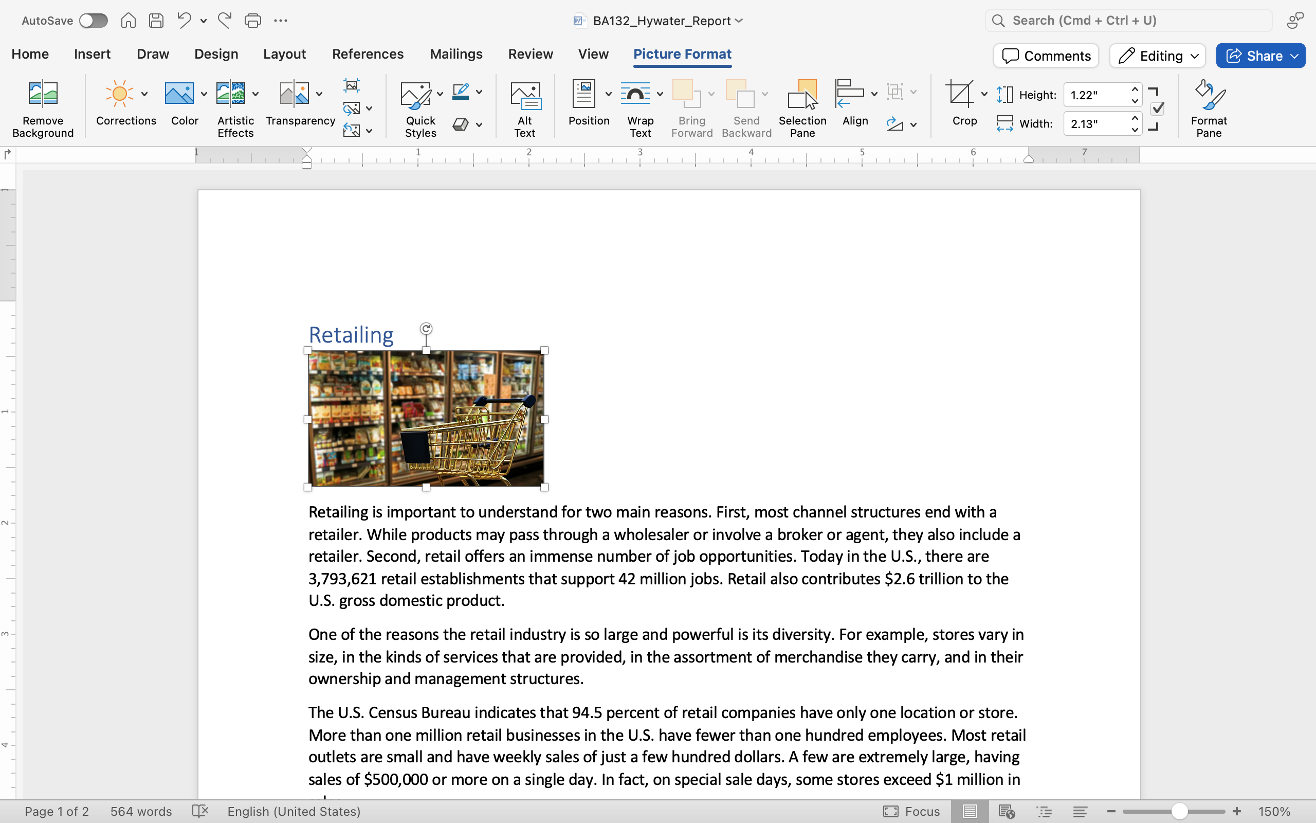 A Microsoft word document with text on it. An image of a golden shopping cart is stationary in front of the frozen foods aisle at a grocery store. The shopping cart is empty.