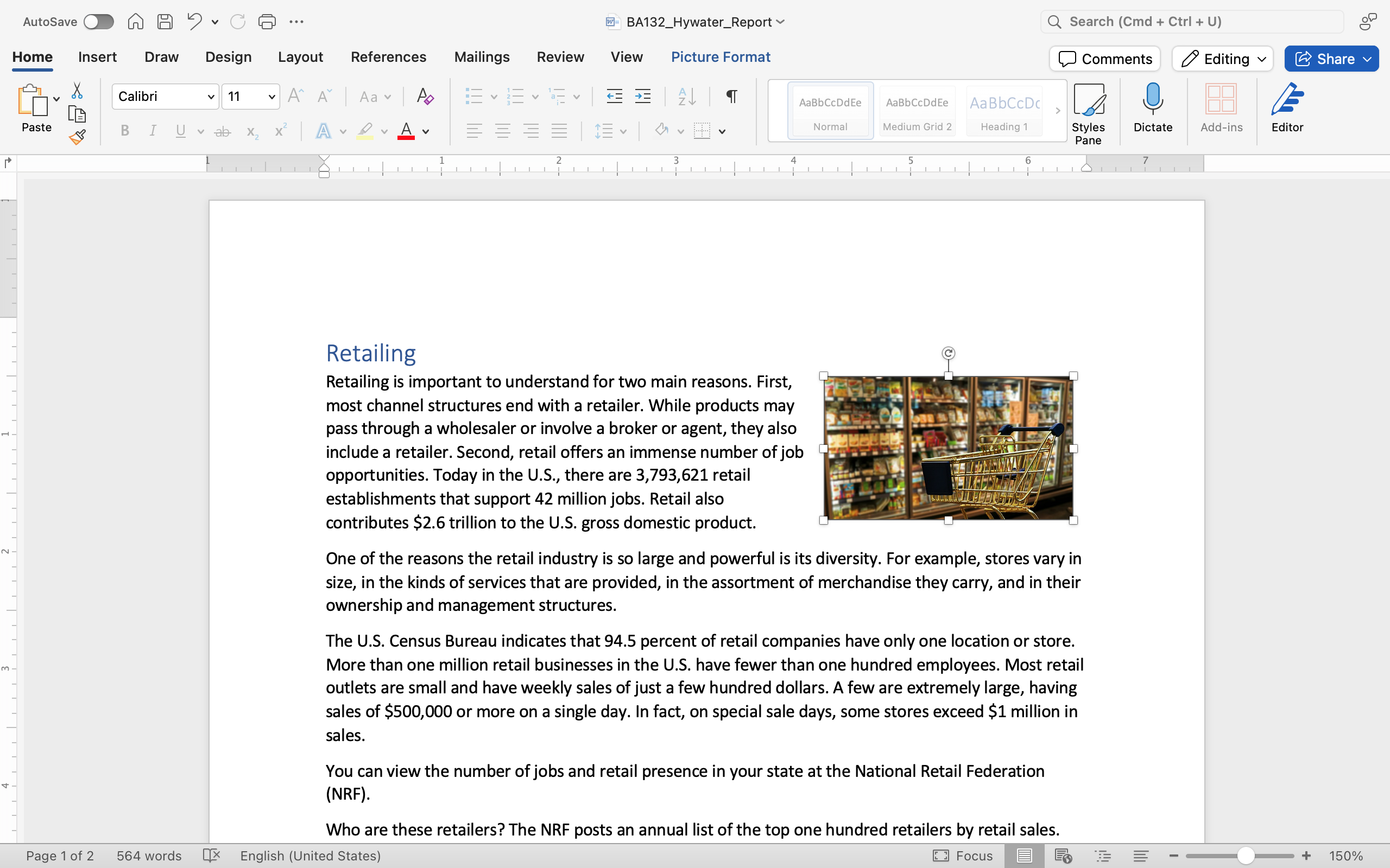 A Microsoft word document with text on it. An image of a golden shopping cart is stationary in front of the frozen foods aisle at a grocery store. The shopping cart is empty. The image has been aligned to the right and has been formatted to fit into the text.