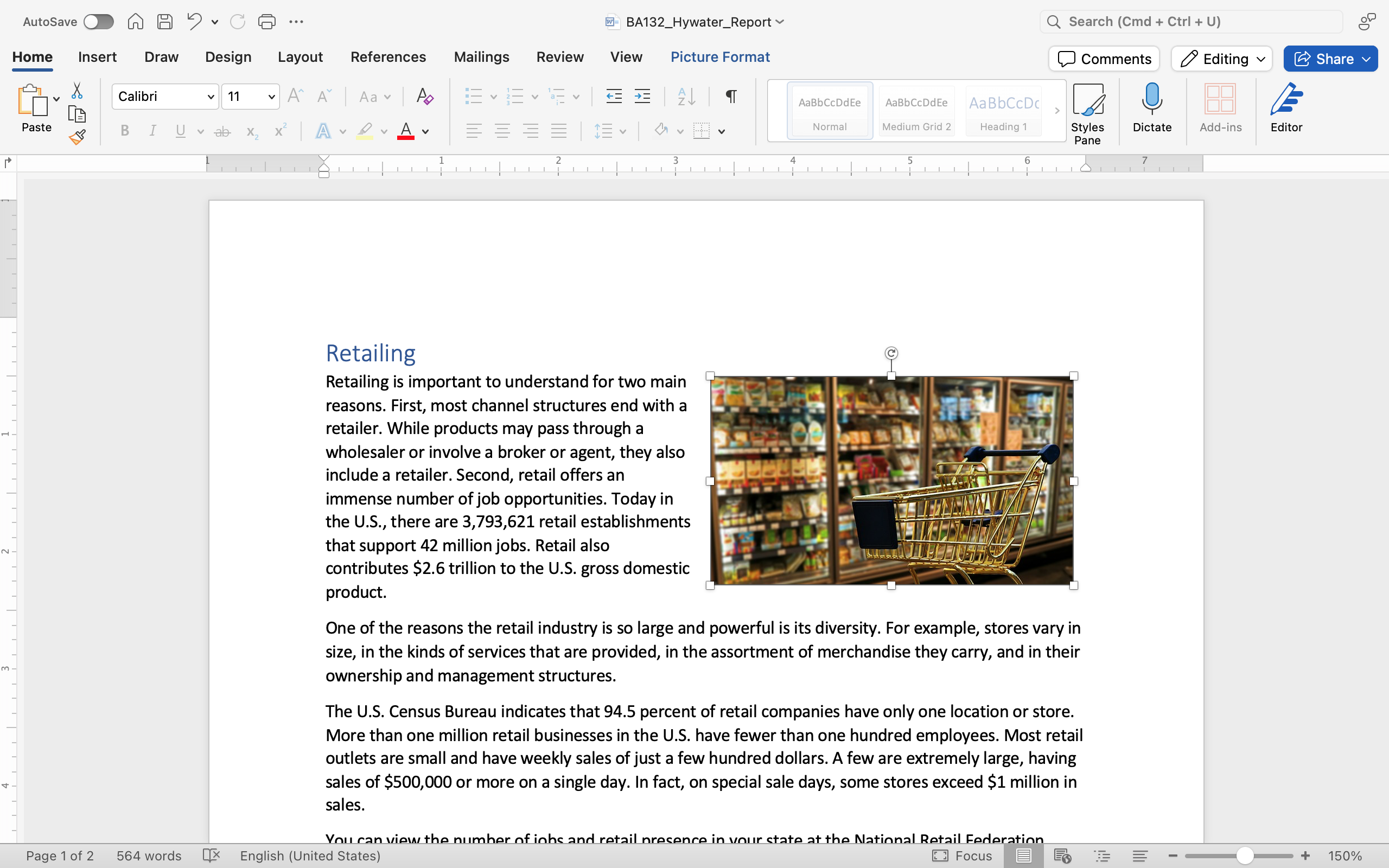 A Microsoft word document with text on it. An image of a golden shopping cart is stationary in front of the frozen foods aisle at a grocery store. The shopping cart is empty. The image has been aligned to the right and has been formatted to fit into the text. The image has been resized to be displayed bigger.