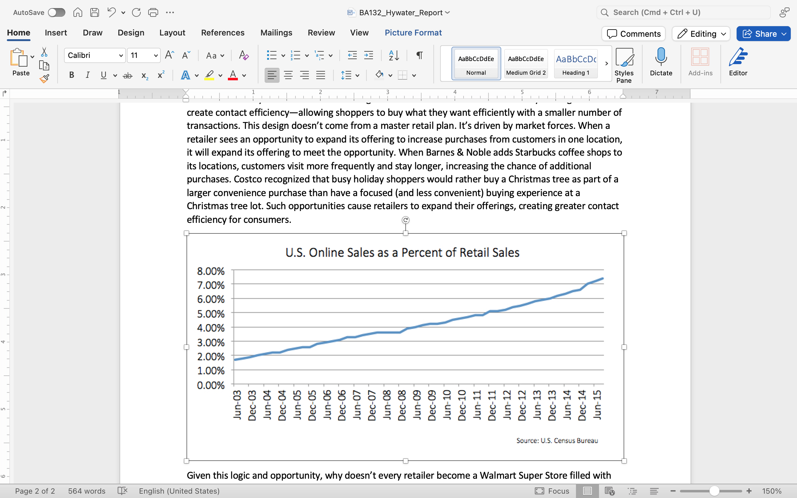 A Microsoft Word document is open with a graph showing the "U.S Online Sales as a Percent of Retail Sales" is shown. On the Y-axis are 9 different percentages going from 0 through 8. On the X-axis there are 25 months listed which is just December and June alternating starting in June of 2003 and ending in June of 2015. The graph is a typical line graph and it starts at just under 2 percent in June of 2003 and ends at just over 7 percent by June 2015. The line is blue and it grows about 1 percent every 3 years.