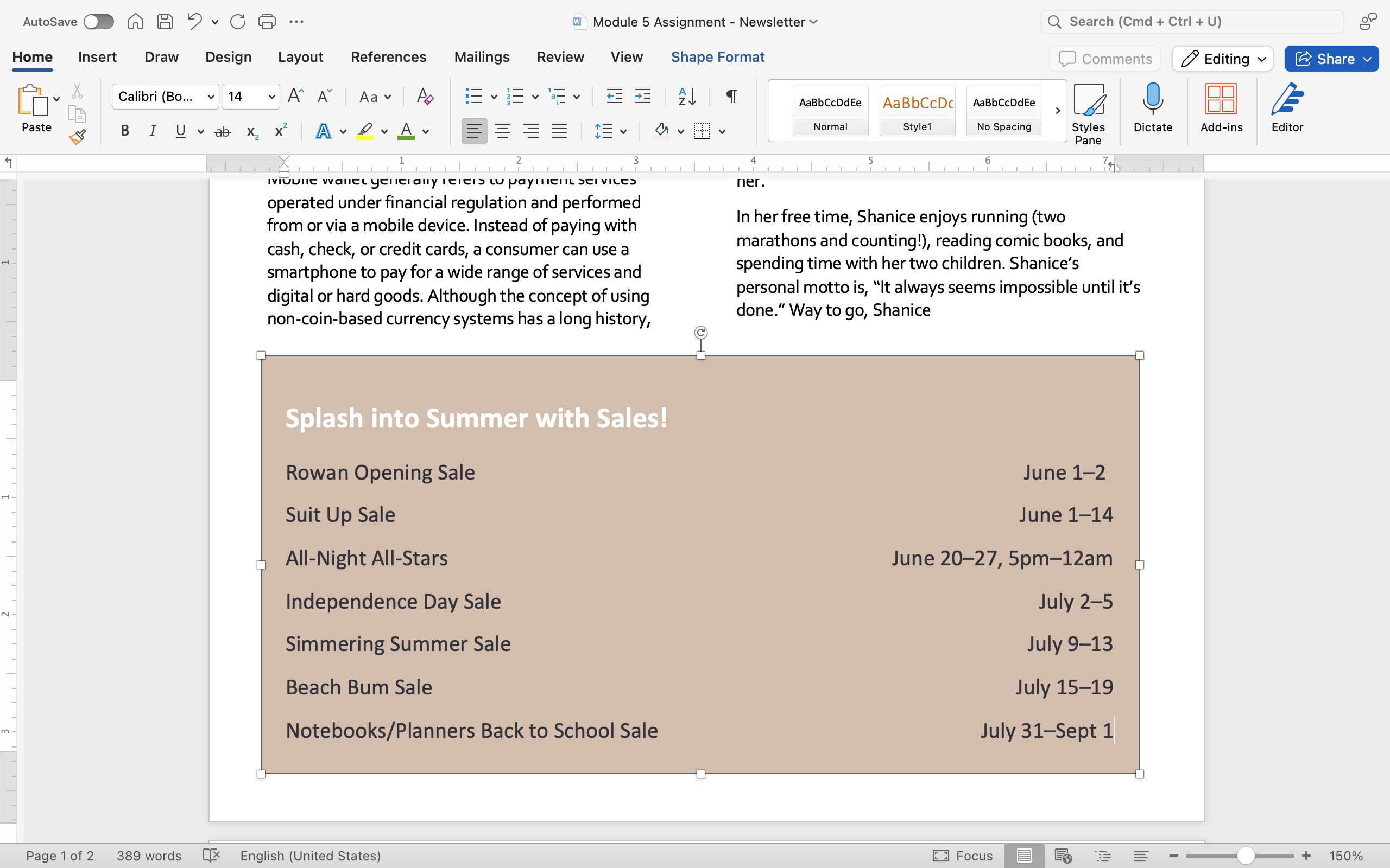 A Microsoft word document with text and a beige text box. Right tab stops have been inserted so that all of the dates and times are aligned to the right of the text box.
