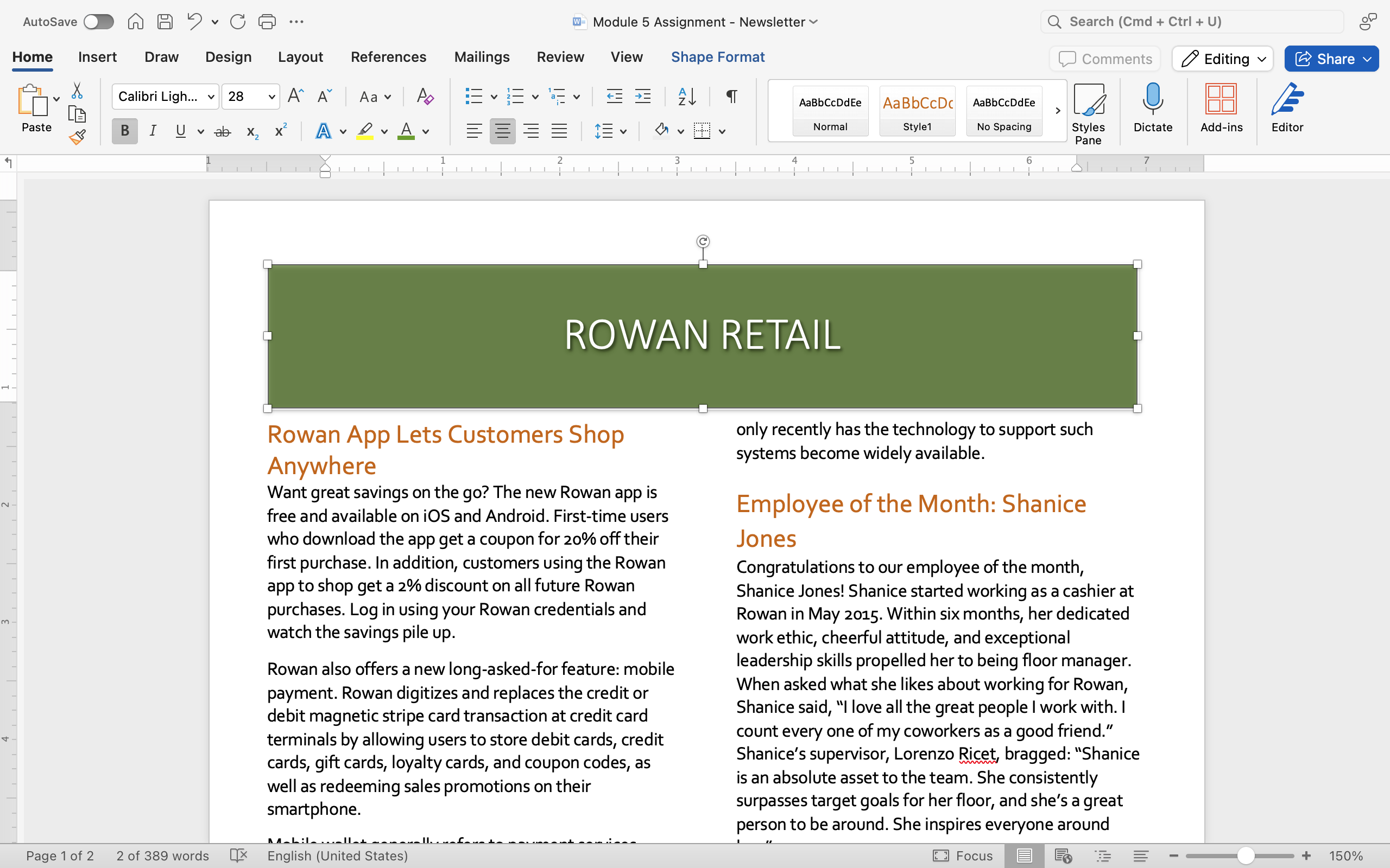 A Microsoft word document with a green text box and two columns of text on it. The words "Rowan Retail" in the green text box have had a shadow effect applied to it.