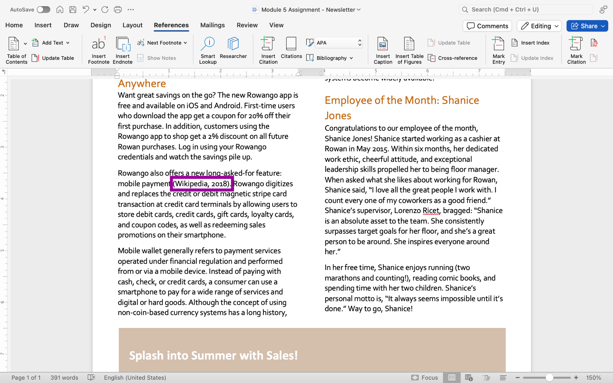 A Wicrosoft Word Document with two columns of text. A citation has been inserted and is indicated by a magenta box.