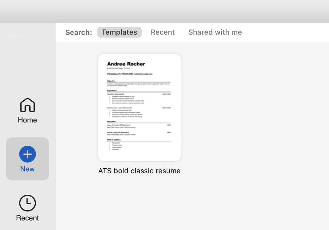 The image shows a "New" document screen in a word processing application. On the left, there is an option to create a "Blank document," indicated by a large plus sign inside a rectangle. On the right, there is a preview of a pre-designed document titled "ATS bold classic resume."