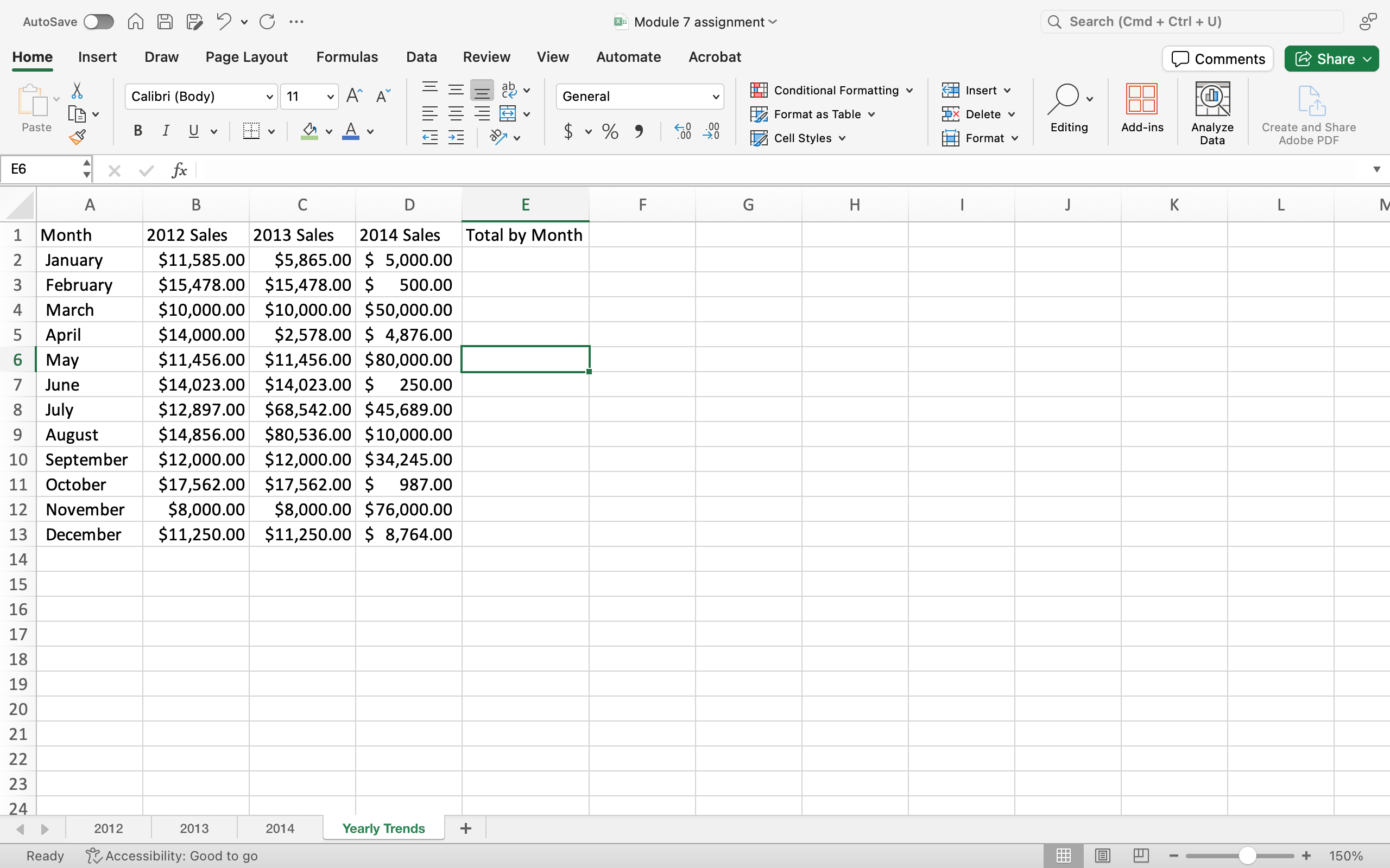 Spreadsheet in Microsoft Excel with unformatted headings in rows A through E. They are as follows: Month, 2012 Sales, 2013 Sales, 2014 Sales, and Total by Month. In columns 2 through 13, number amounts have been pasted in.