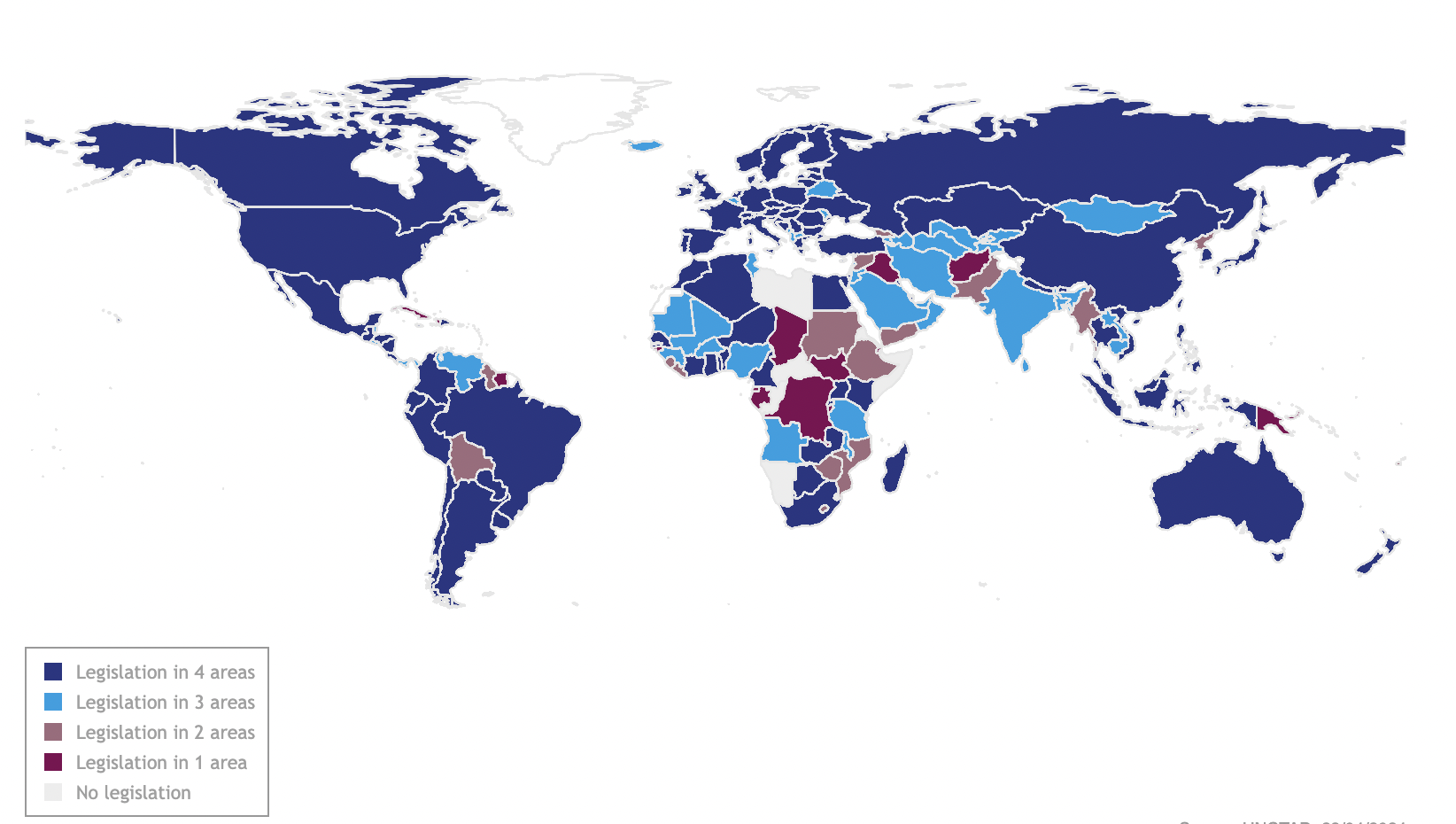A world map illustrating the status of cybersecurity legislation in different countries as of April 23, 2024. The map uses various shades of blue, purple, and grey to represent the extent of cybersecurity legislation in each country: dark blue indicates countries with legislation in four areas, medium blue indicates legislation in three areas, light blue indicates legislation in two areas, and light purple indicates legislation in one area. Grey indicates countries with no legislation. The majority of countries in North America, Europe, and Australia are shaded dark blue, indicating comprehensive legislation. Many countries in Africa, Asia, and South America have varying shades, showing differing levels of legislative coverage. Some countries, particularly in Africa, have no legislation, represented in grey.