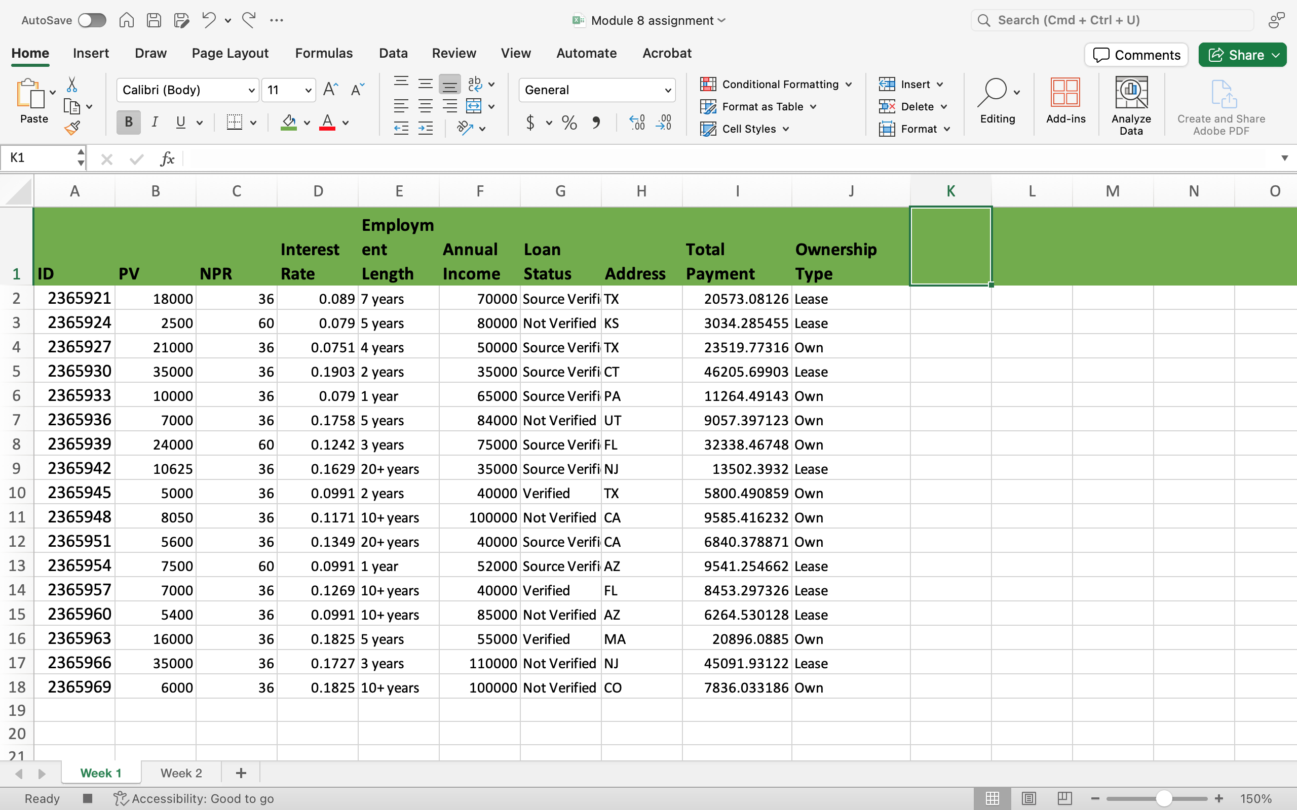 Screenshot of the assignment file where row one has been changed to have a green background and bold text.