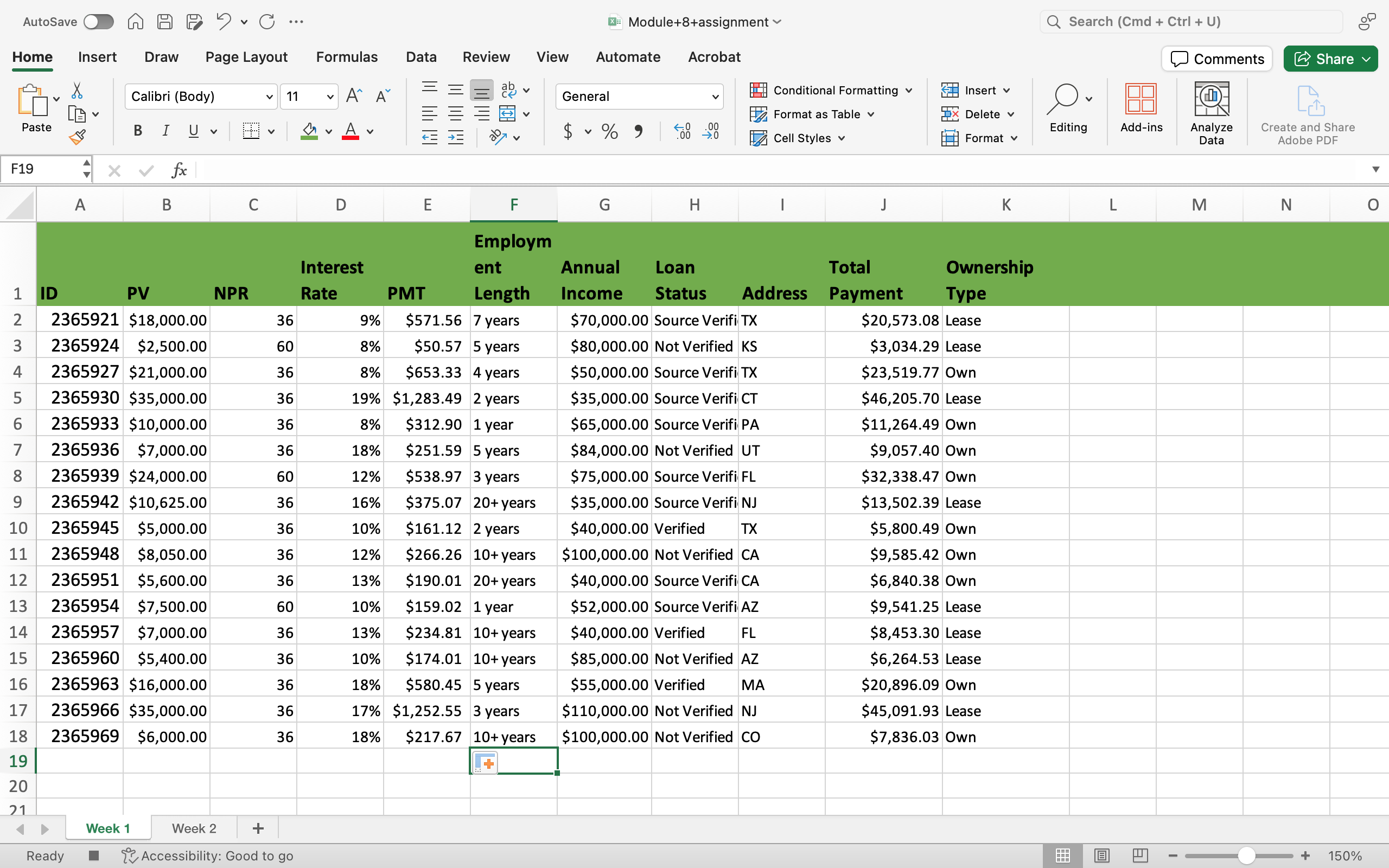Screenshot of the assignment file with a new Column E with the heading PMT. The column has monthly payment information for each loan.
