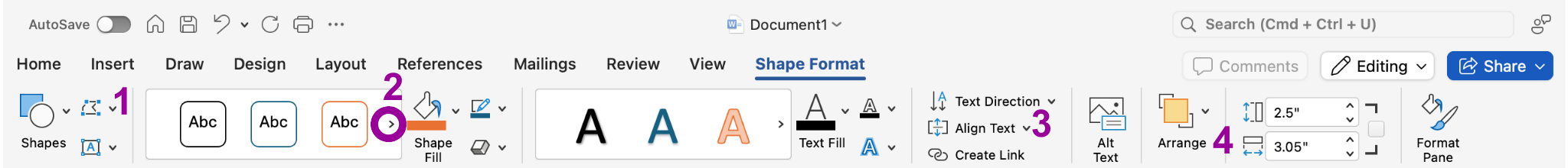 A zoom in on the ribbon menu in a Microsoft Word document is displayed. There are four different magenta numbers displayed. The first one stands for "Shapes", the second one stands for "Styles", the third represents "Text", and the fourth demonstrates where the "Arrange" feature is.