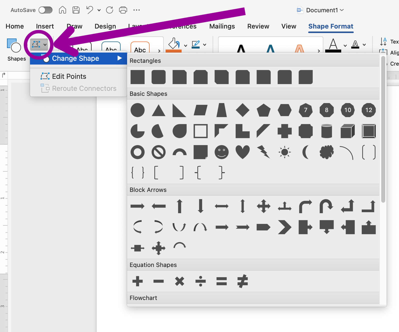 A Microsoft Word document is open. A magenta arrow is pointing at an oval which is highlighting where the shapes are. A dropdown menu has been opened up so you can change and select the shape you want to insert. There are 6 different options which consist of: "Rectangles", "Basic Shapes", "Block Arrows", "Equation Shapes", "Flowchart", "Stars and Banners", and "Callouts".