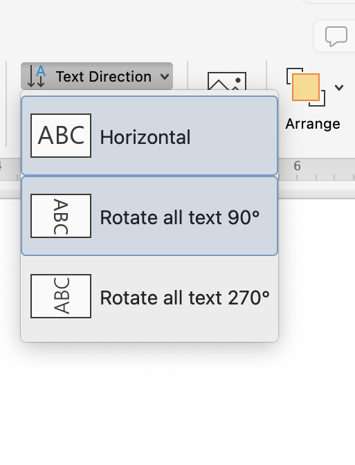 The ribbon menu on a Microsoft Word document is open on the format tab. The text direction dropdown menu has been opened allowing different options to adjust the way the text box is displayed.