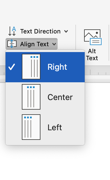 The ribbon menu on a Microsoft Word document is open on the format tab. The align text dropdown menu has been opened allowing different options to align the text.
