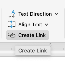 The ribbon menu on a Microsoft Word document is open on the format tab. The create link option has been highlighted in gray.