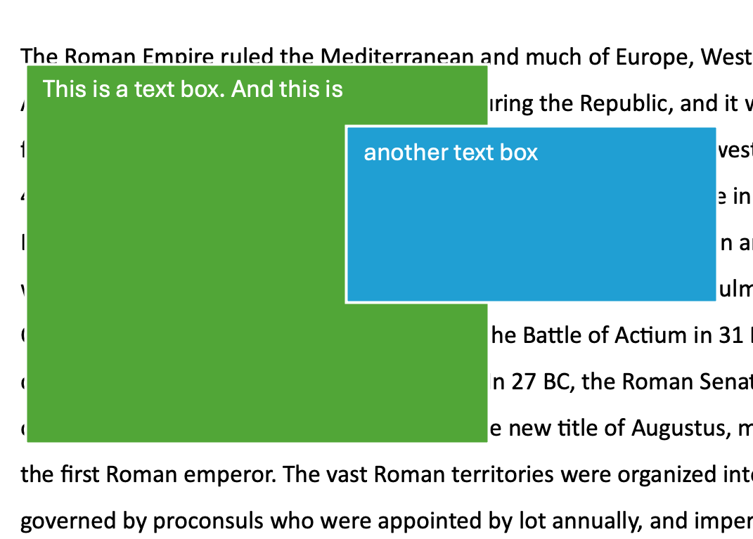 In the background there is a large section of text in a text box. There are two text boxes displayed in the foreground. The first has a green background with two sentences of text in white. The other is a blue text box with one sentence of text in white.