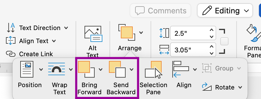 The ribbon menu on a Microsoft Word document is open on the format tab. The arrange dropdown menu has been opened allowing different options to either bring a text box forward or backward, indicated by a magenta box.
