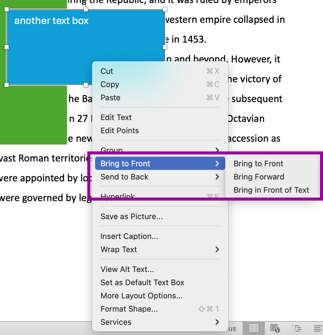 The ribbon menu on a Microsoft Word document is open on the format tab. The arrange dropdown menu has been opened allowing different options to either bring a text box forward or backward. A magenta box is showing the bring text forward options.