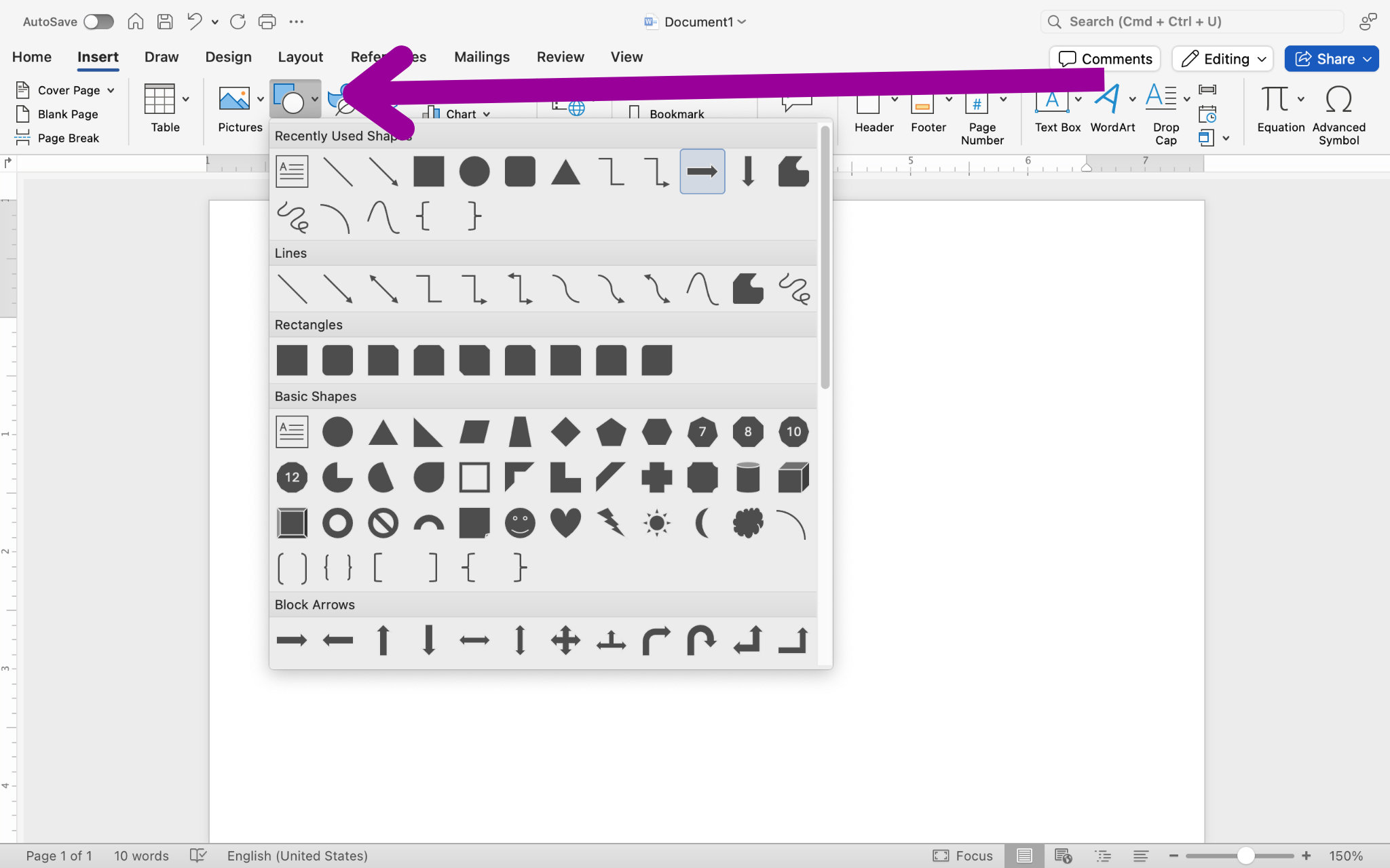 A Microsoft Word document is open. A magenta arrow is pointing at where the shapes are. A dropdown menu has been opened up so you can change and select the shape you want to insert. There are 7 different options which consist of: "Recently Used Shapes", "Lines", "Rectangles", "Basic Shapes", "Block Arrows", "Equation Shapes", and "Flowchart".