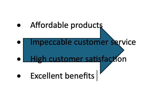 There are four lines of text each with a bullet point. Behind the text is a blue arrow.