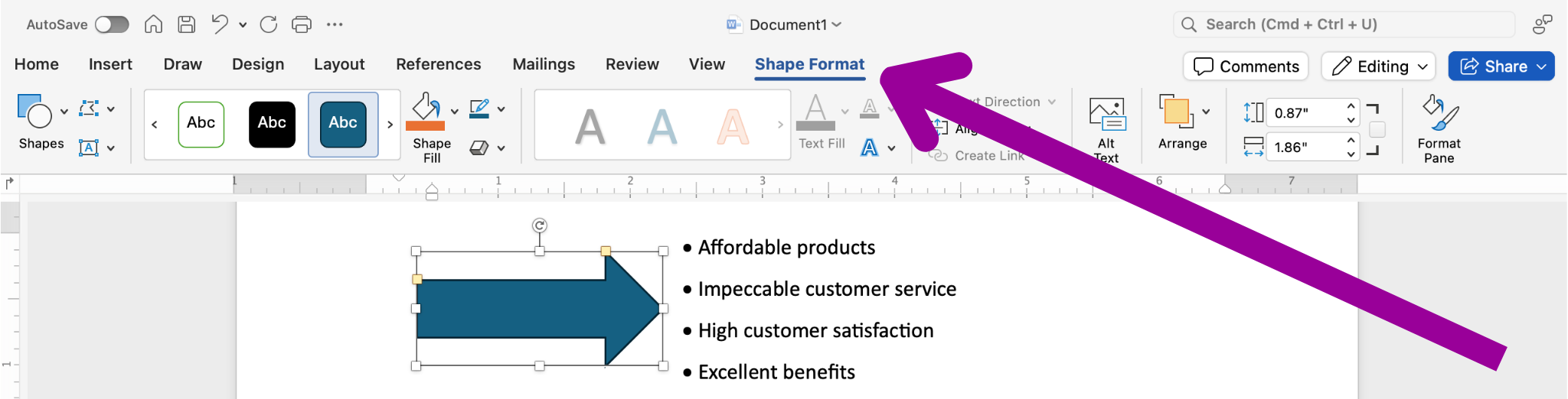 A Microsoft Word document is open. On the document there are four lines of text each with a bullet point. To the left of the text is a blue arrow. There is a large magenta arrow pointing at the "Shape Format" tab on the ribbon menu.