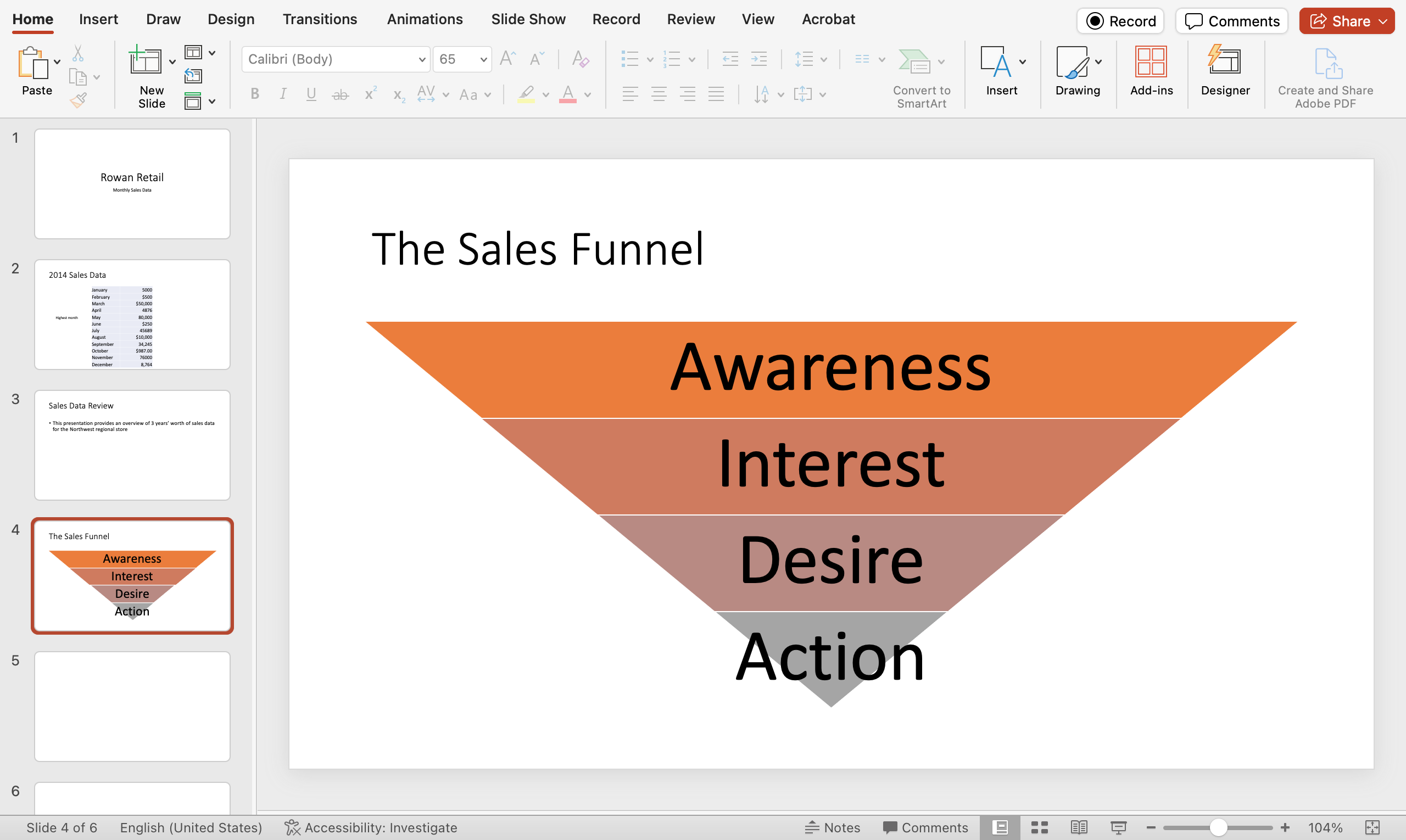 The image is a screenshot of a PowerPoint presentation in edit mode. The slide visible is titled "The Sales Funnel" and contains a diagram of an inverted funnel with four horizontal sections labeled from top to bottom as follows: "Awareness," "Interest," "Desire," and "Action." Each section of the funnel is shaded in different shades of orange and brown, with "Awareness" at the top in the lightest shade and "Action" at the bottom in the darkest shade. The slide preview pane on the left shows other slides in the presentation, including "2014 Sales Data" on slide 3. The toolbar at the top displays various PowerPoint menu options like File, Home, Insert, Draw, Design, Transitions, Animations, Slide Show, Review, View, and Help.