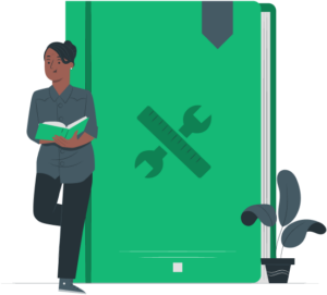 Illustration of an instructor standing beside a large book