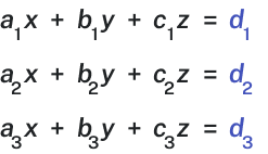 A system of three linear equations in the variables x, y, and z, each with its own coefficients and constant on the right side.