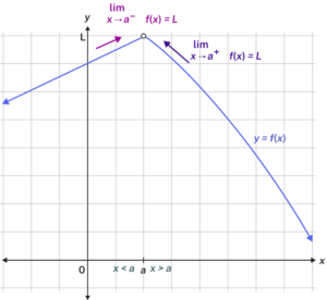 Graph of a function that explains the behavior of a limit at (a, L) where the function is increasing when x is less than a and decreasing when x is greater than a.